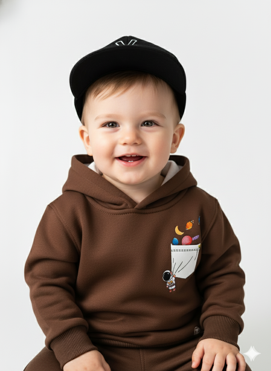My Little Co. Brown Kids Sweatshirt Hoodie Side Pocket | Space Adventure Graphic Winter Wear (Copy) My Little Co.