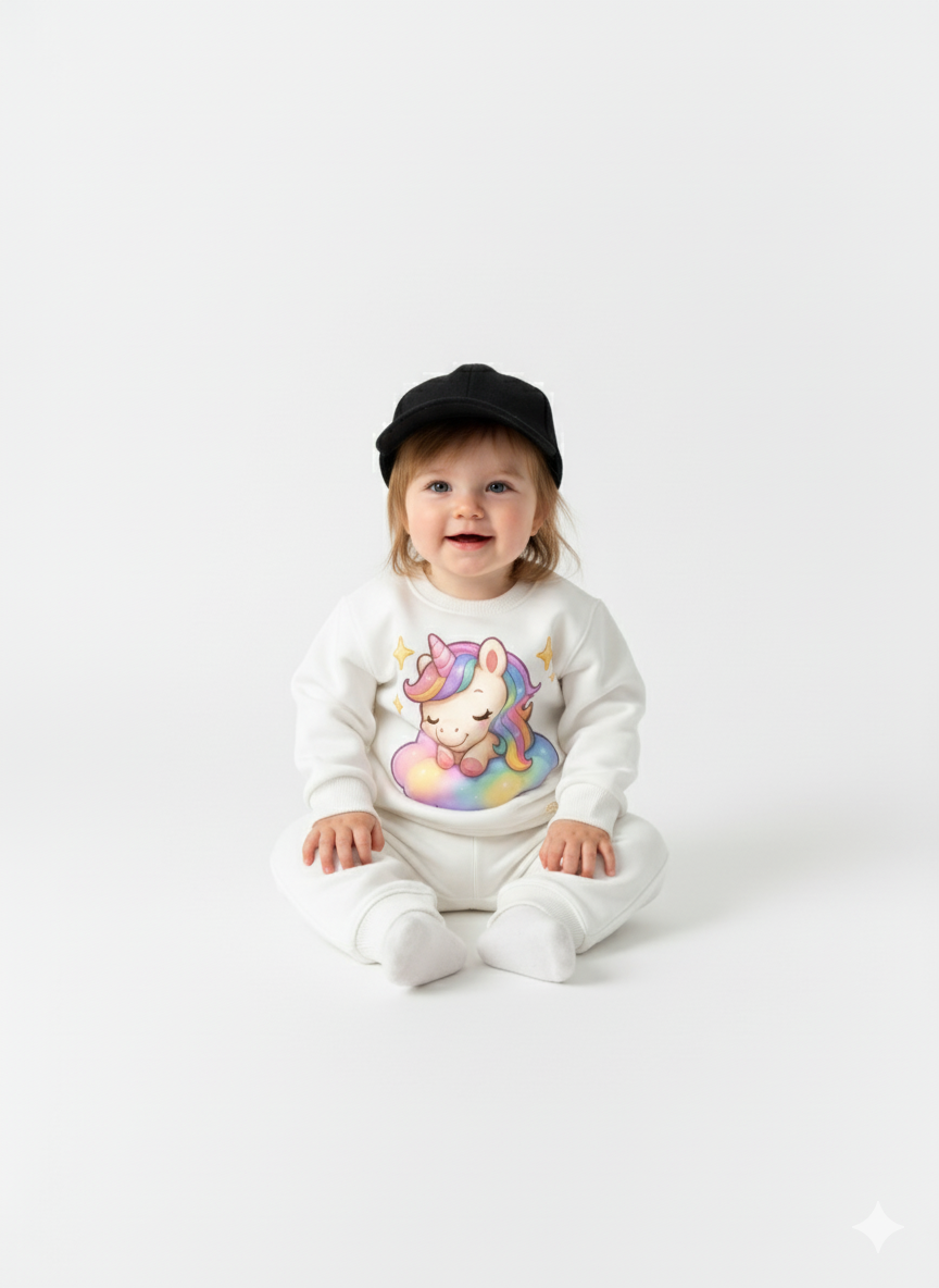 My Little Co. White Kids Sweatshirt | Sleeping Unicorn Printed Winter Wear My Little Co.