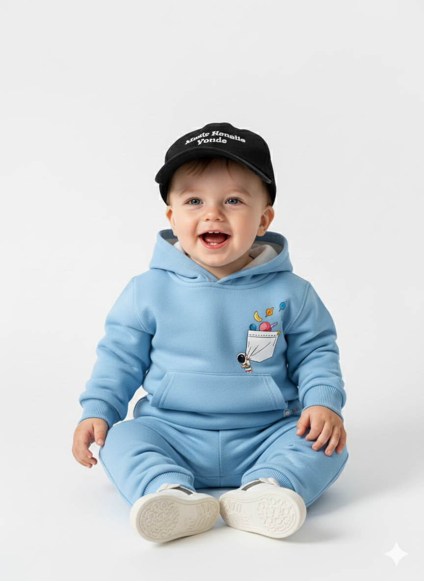 My Little Co. Sky Blue Kids Sweatshirt Hoodie Front Pocket | Space Adventure Graphic Winter Wear My Little Co.