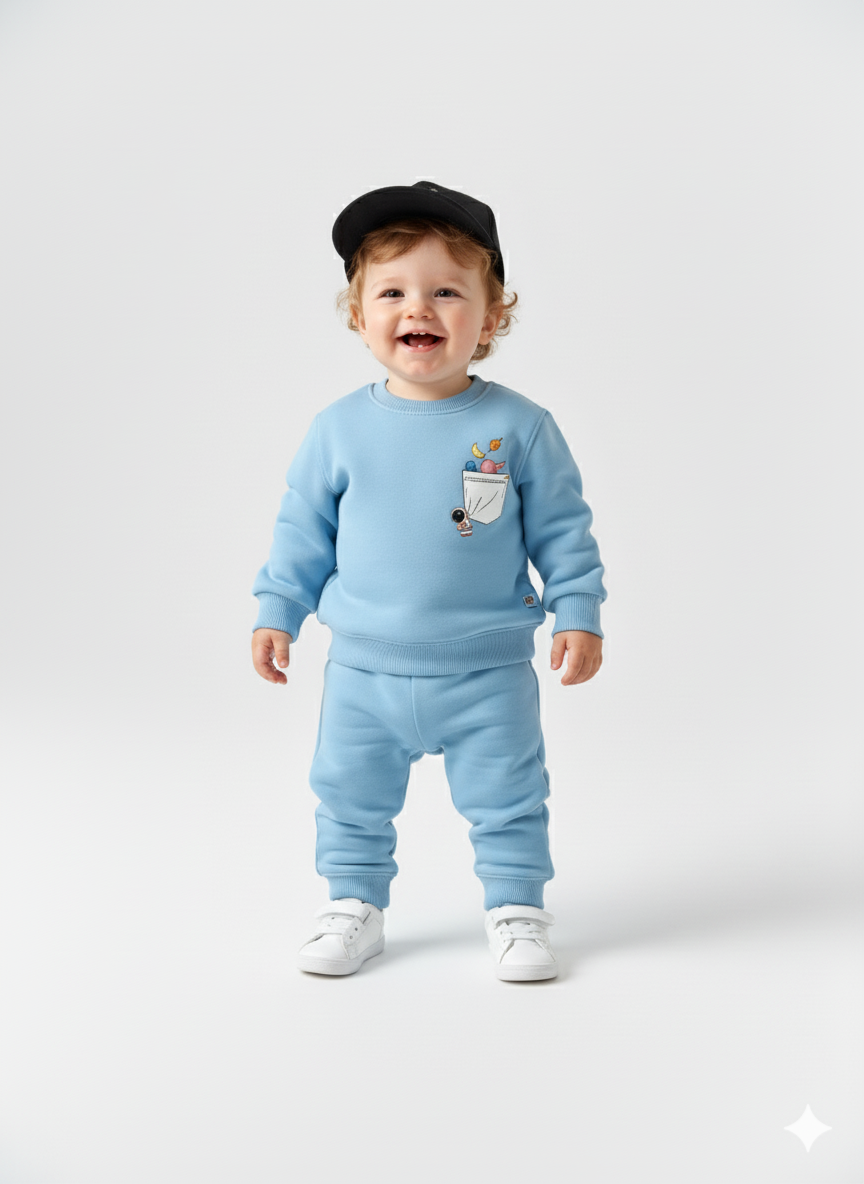 My Little Co. Sky Blue Kids Sweatshirt | Space Adventure Graphic Winter Wear My Little Co.