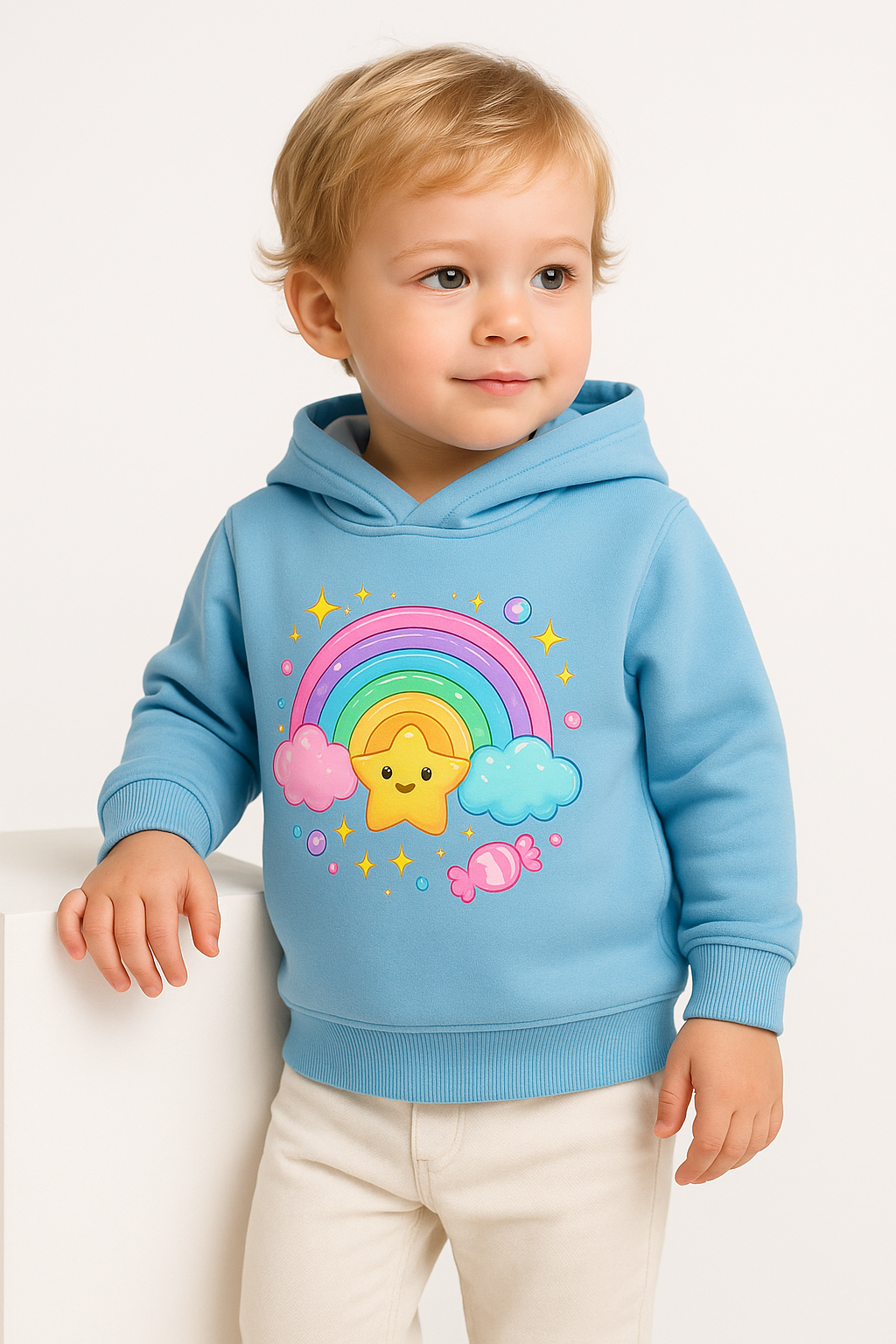 Child wearing a blue hoodie with a colorful rainbow and cloud design on a white background