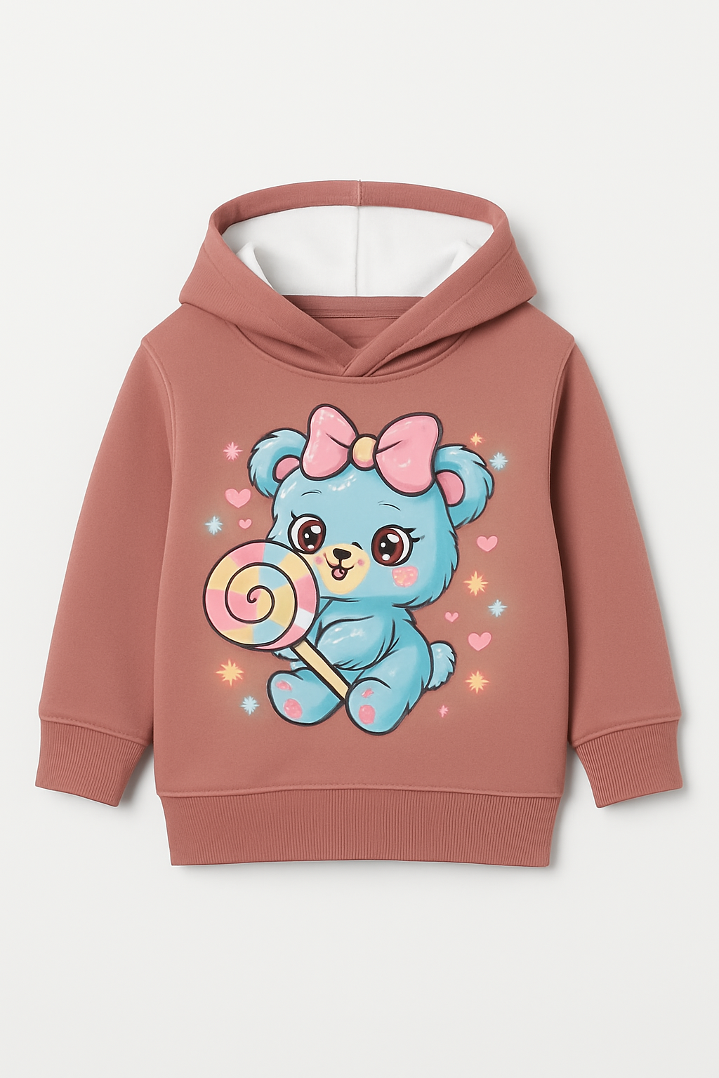 Pink hoodie with a blue bear character holding a lollipop on a white background