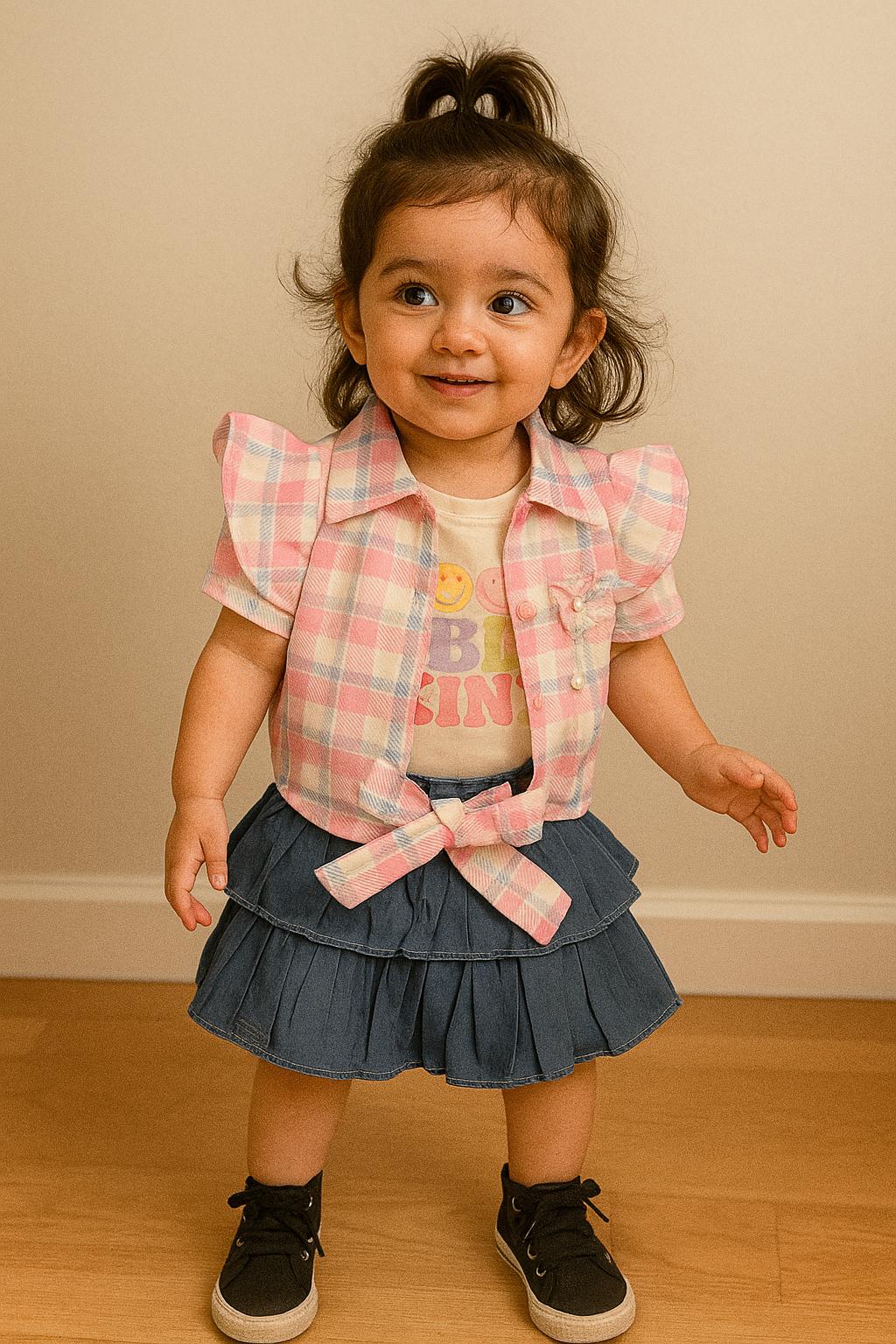 Girls 3-Piece Summer Outfit – Printed "Be Kind" Tee, Ruffle Sleeve Shirt & Denim Shorts - My Little Co.