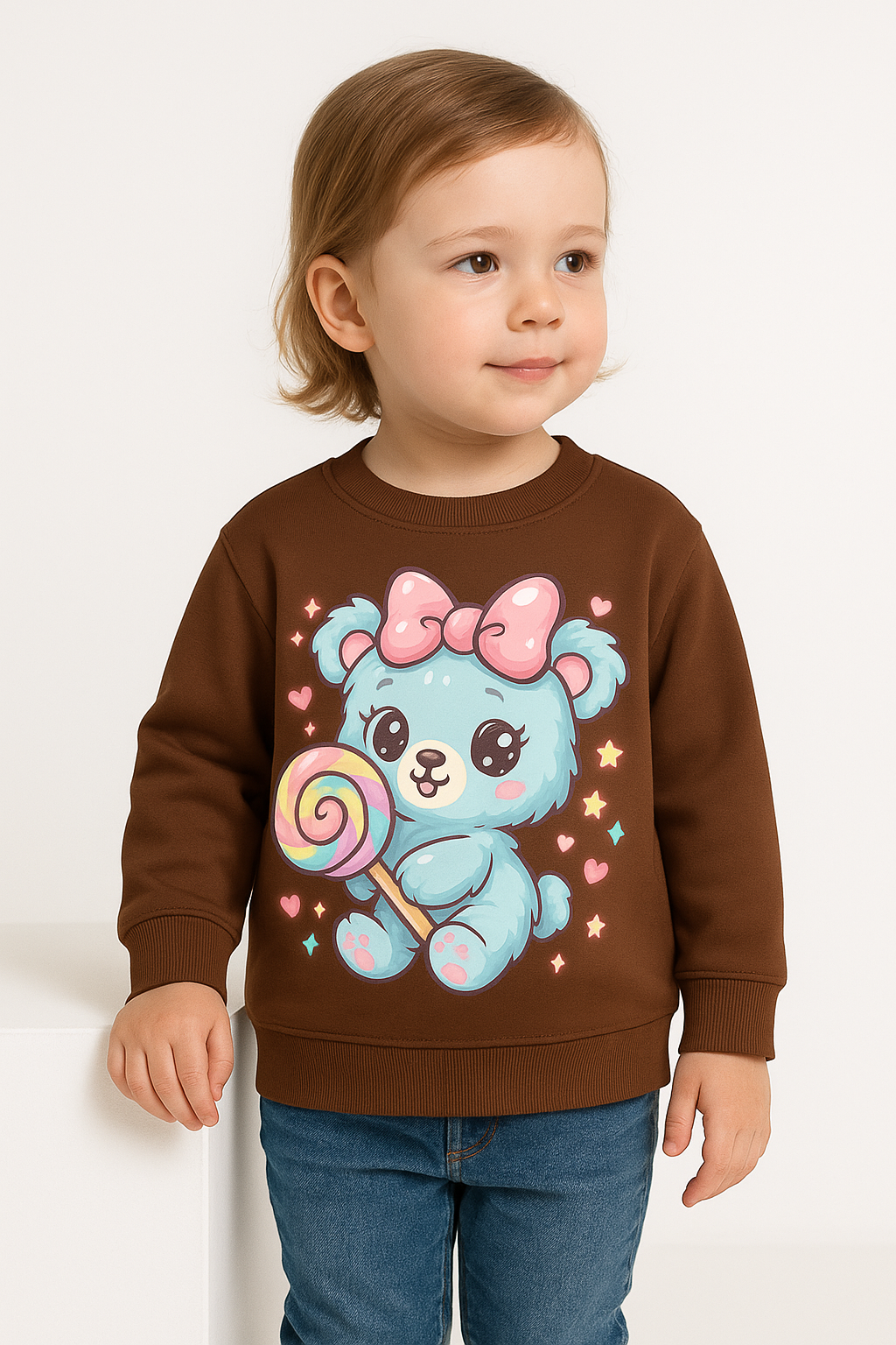 Child wearing a brown sweatshirt with a teddy bear design holding a lollipop on a white background
