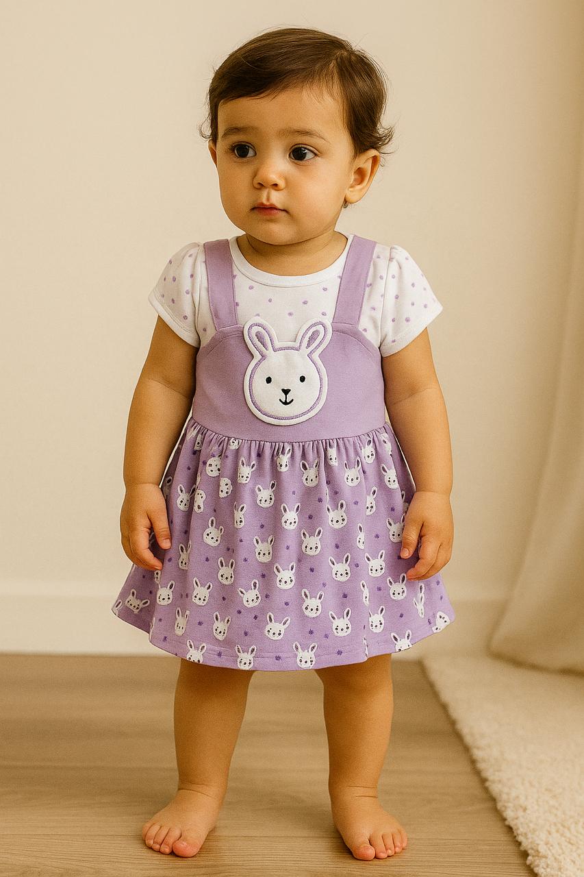 Bunny Face Dungaree Dress & Polka T-Shirt Set for Baby Girls - My Little Co.