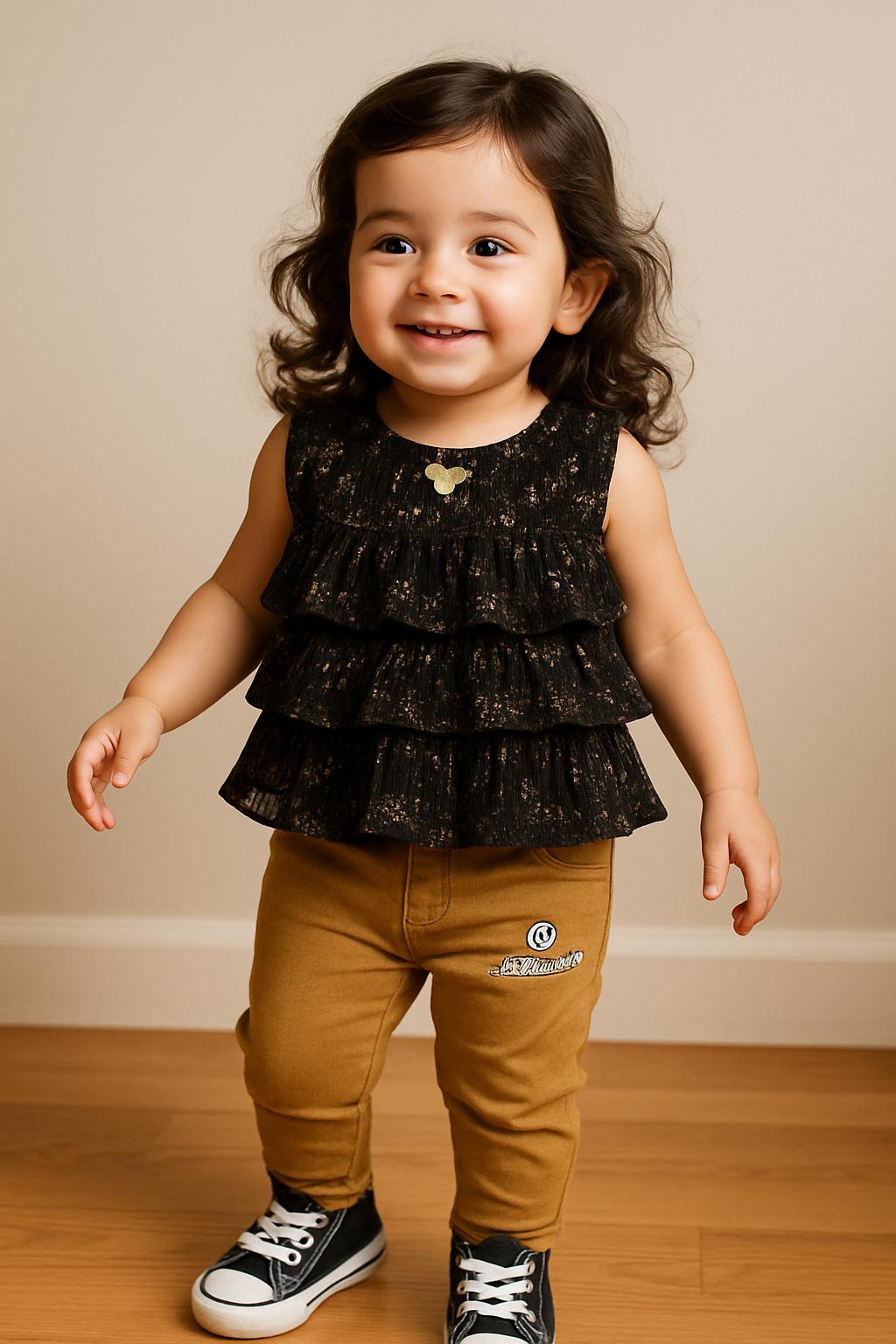 Frilly Black Sleeveless Top & Mustard Pants Set for Girls – Trendy Toddler Outfit - My Little Co.