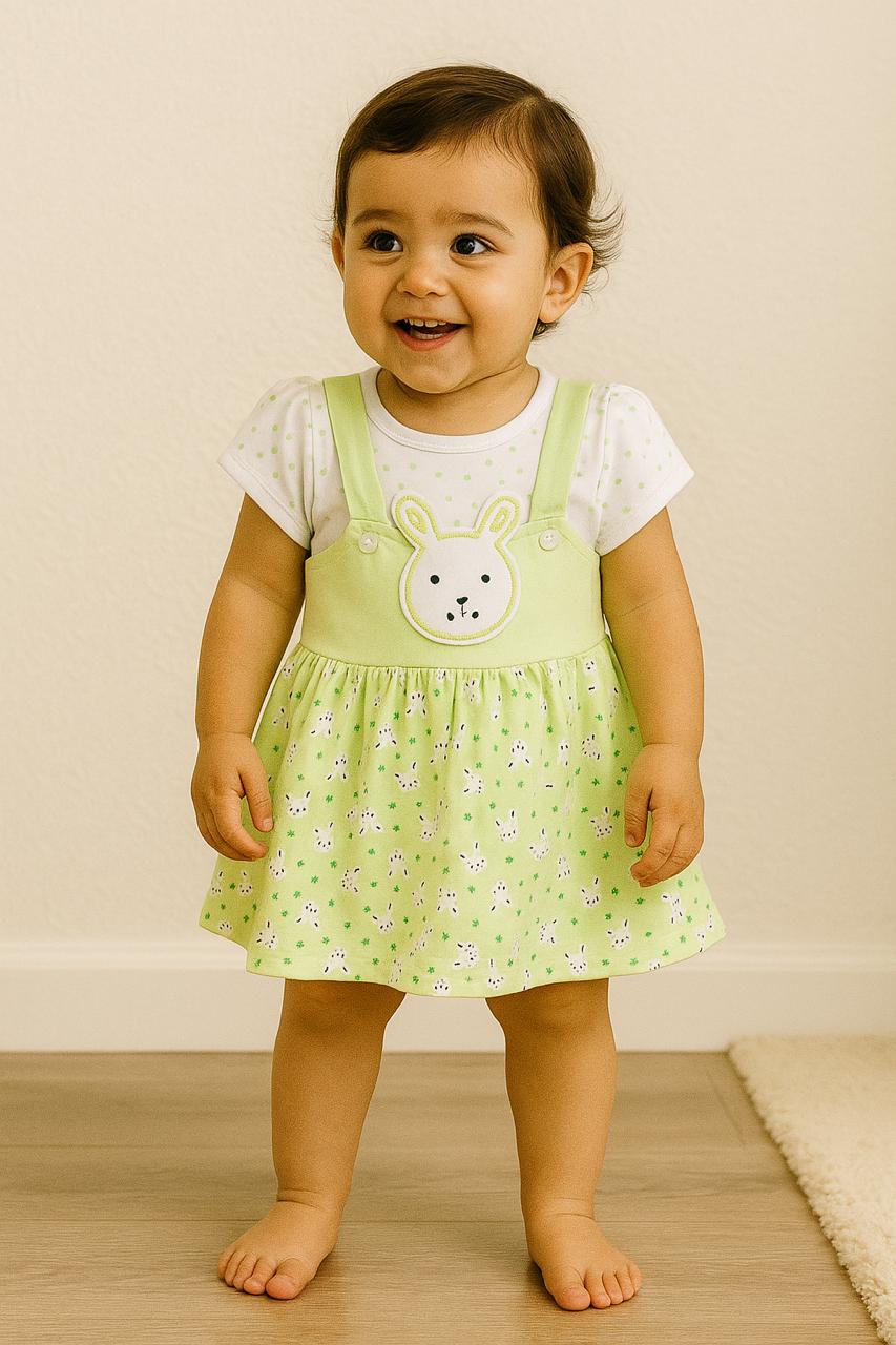 Bunny Face Dungaree Dress & Polka T-Shirt Set for Baby Girls - My Little Co.