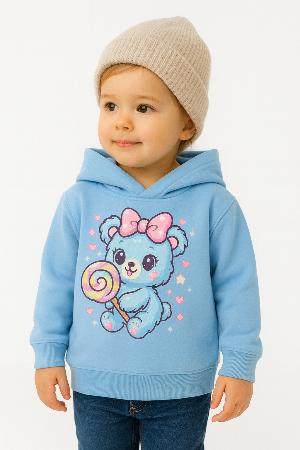 Sky Blue Kids Hoodie – Cute Bear DTF Print in Soft Fleece My Little Co.