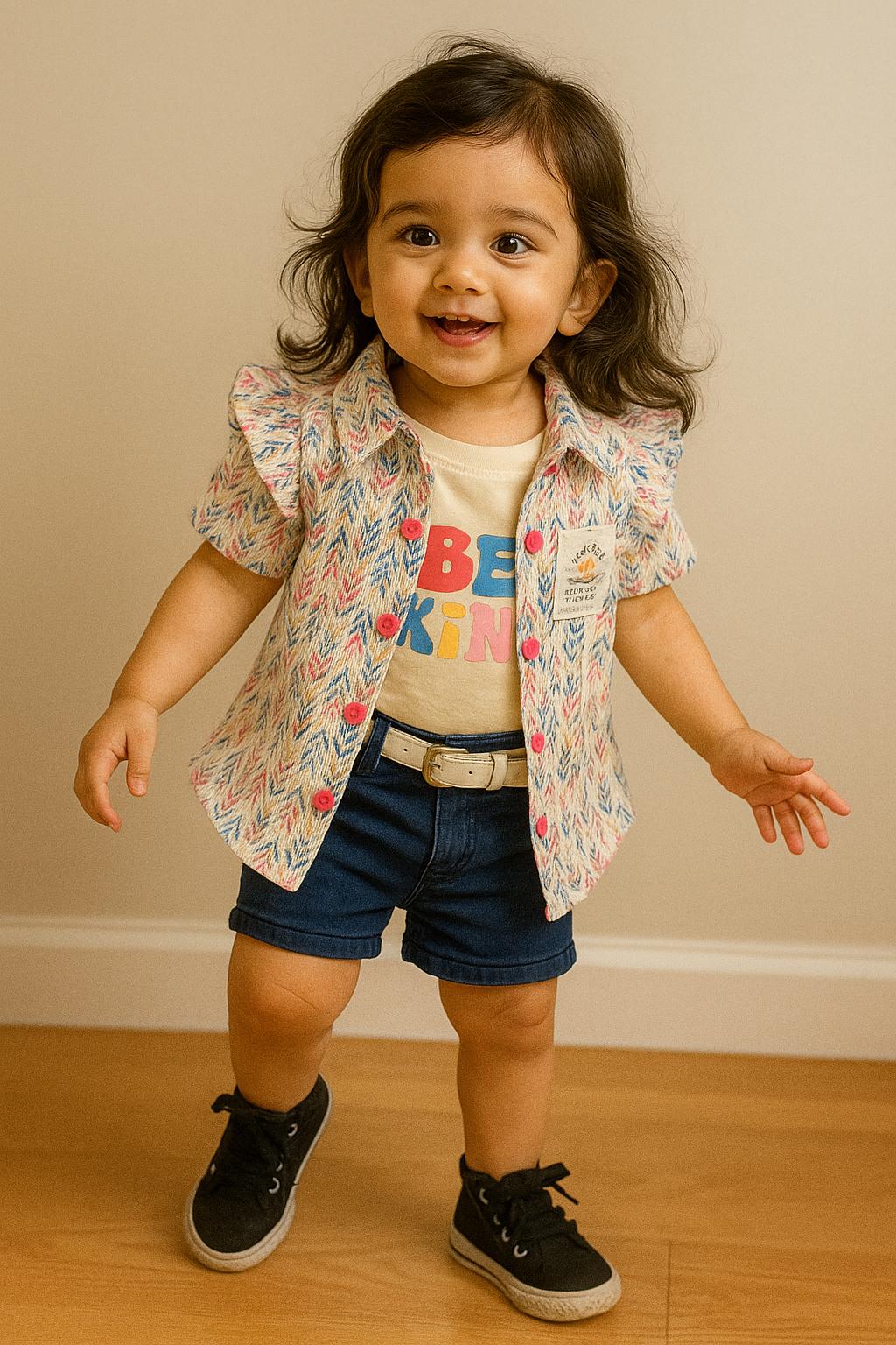 "Be Kind" Summer Shirt & Denim Shorts Set for Girls – 3-Piece Casual Outfit - My Little Co.