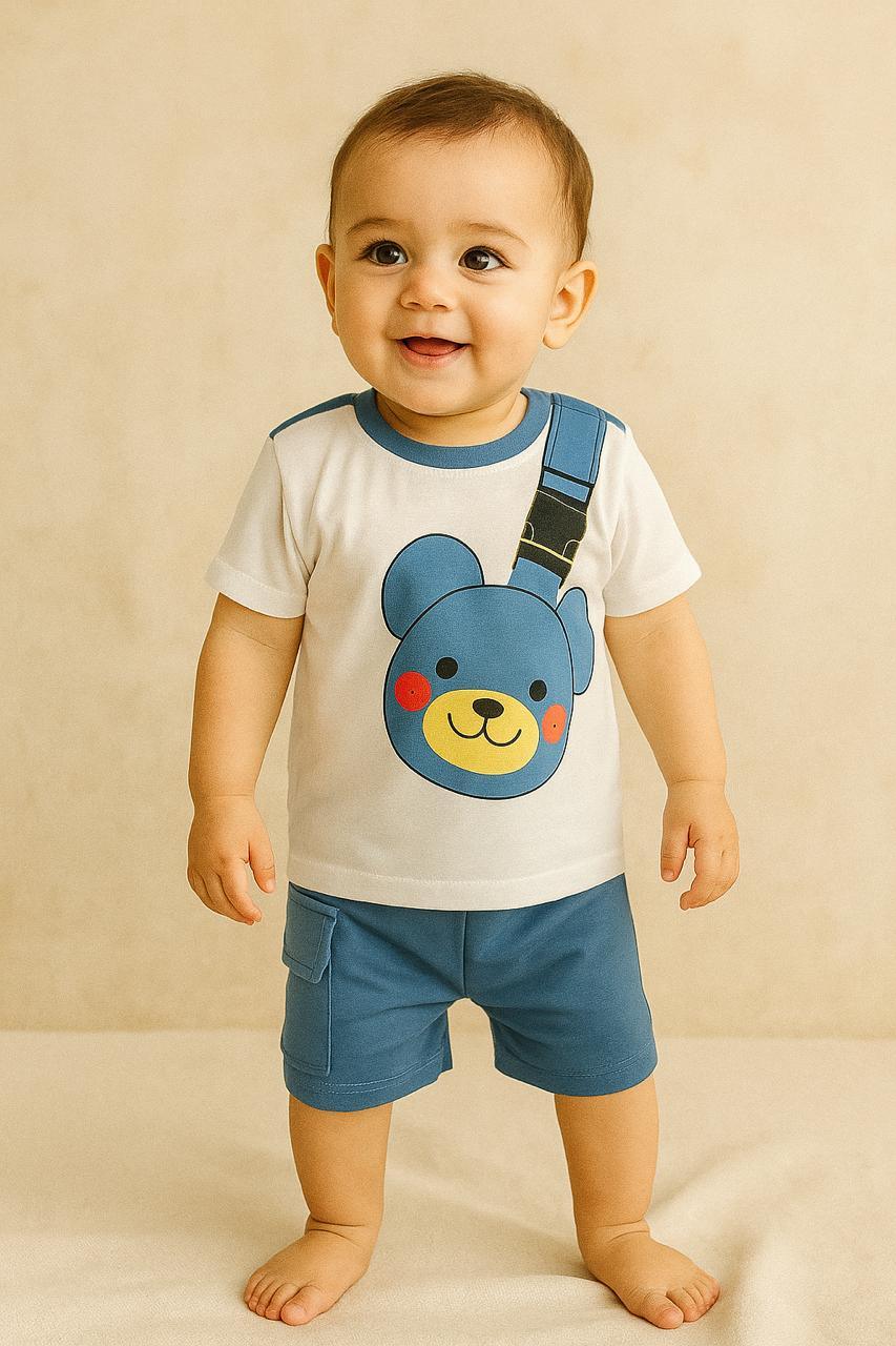 Cute Bear Print Toddler Set – White T-Shirt & Shorts - My Little Co.