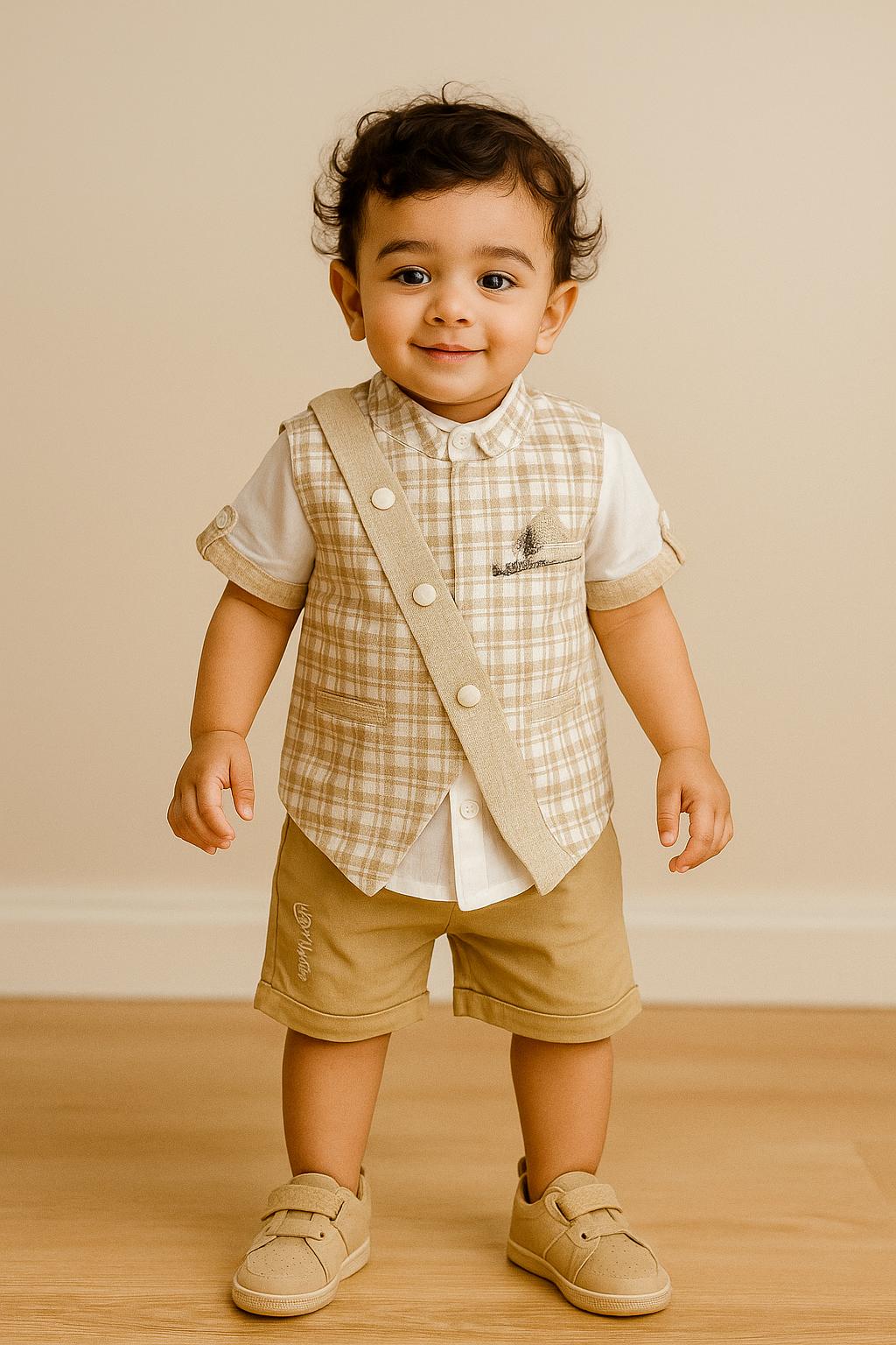 Elegant Beige Checkered Vest & Shorts Set for Boys – Smart Casual Look - My Little Co.