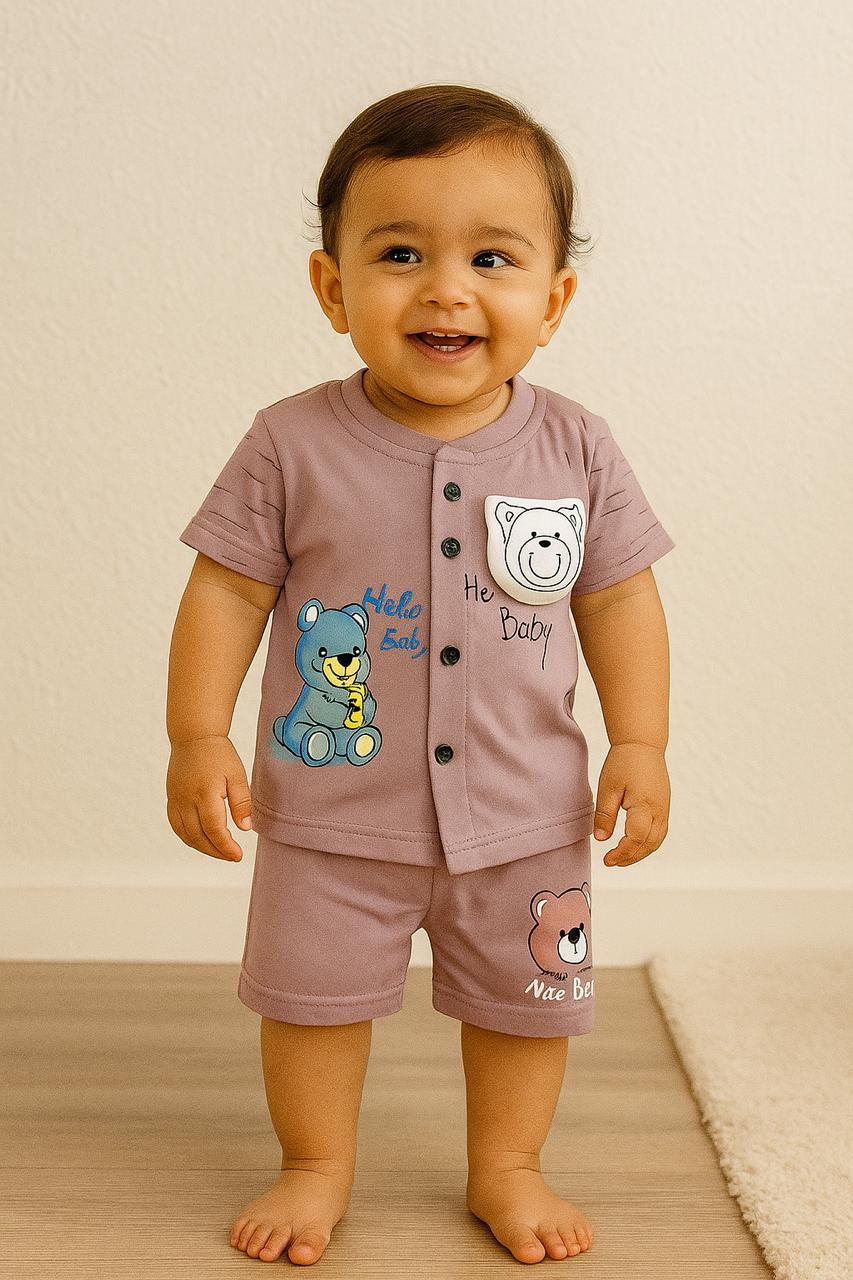 Hello Baby Bear Button-Front T-Shirt & Shorts Co-ord Set for Baby Boys - My Little Co.