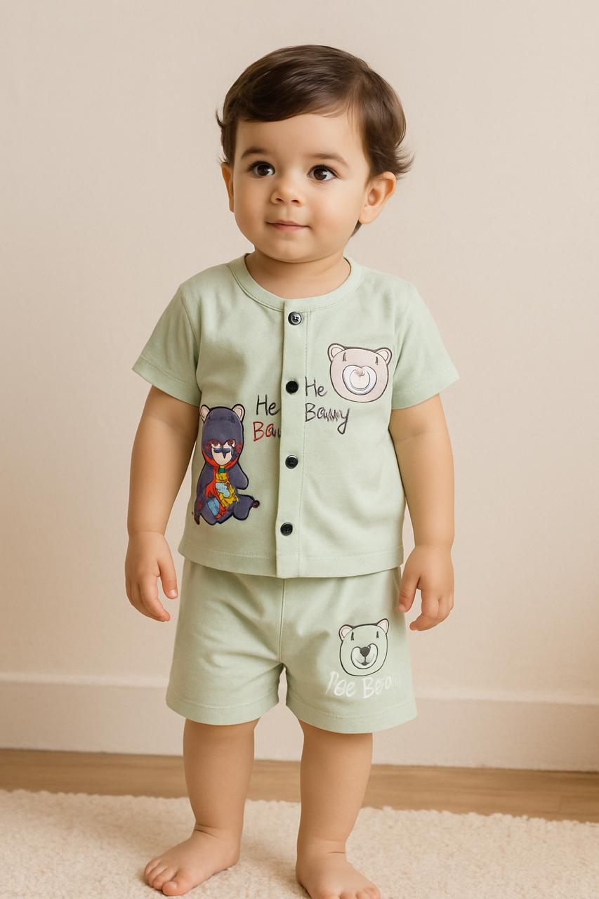Hello Baby Bear Button-Front T-Shirt & Shorts Co-ord Set for Baby Boys - My Little Co.