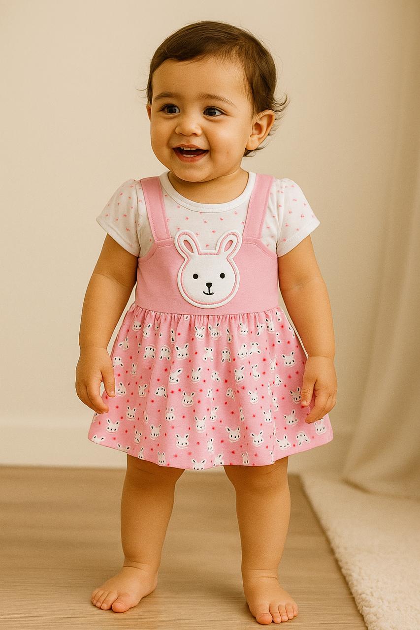 Bunny Face Dungaree Dress & Polka T-Shirt Set for Baby Girls - My Little Co.