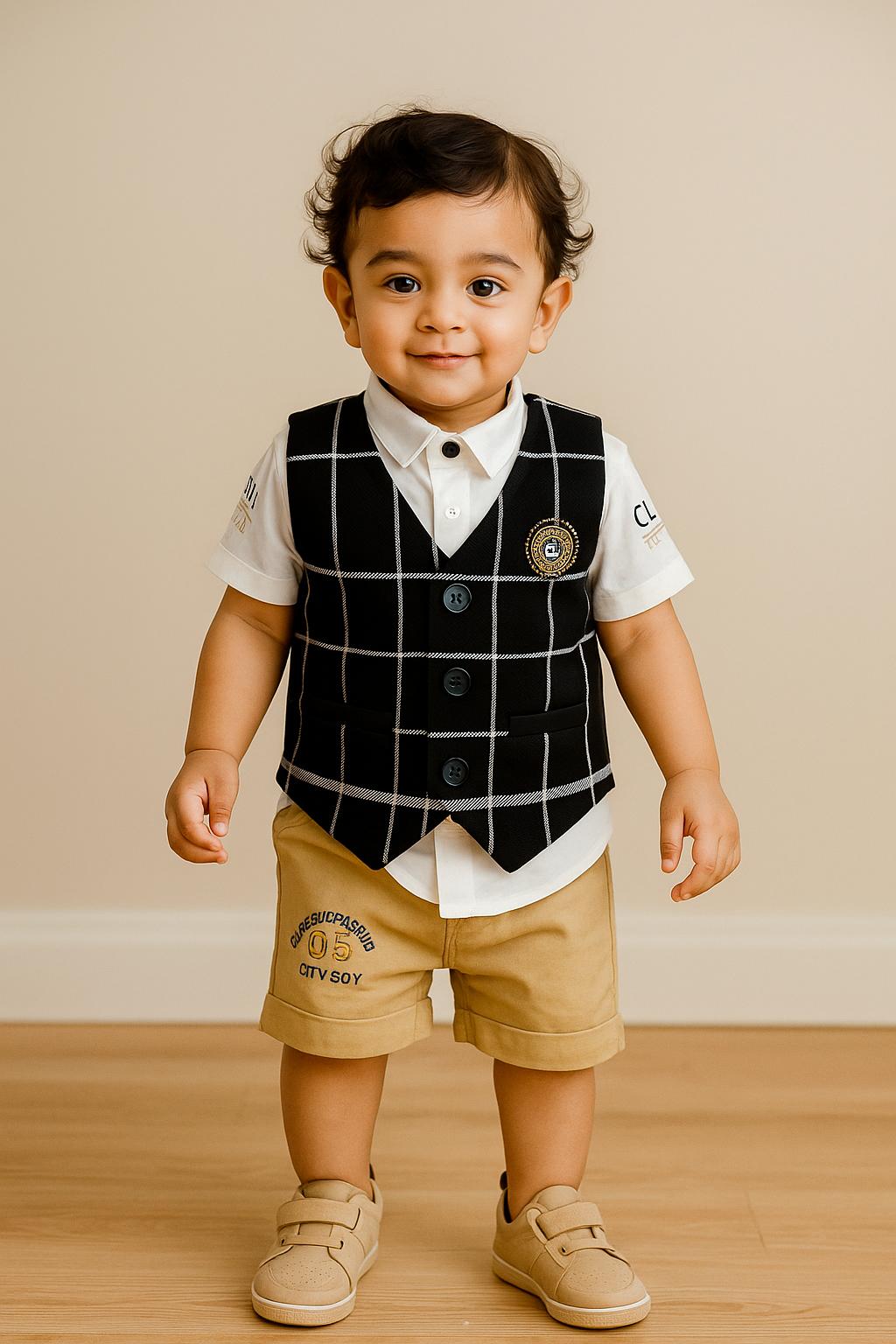 Stylish Formal Vest & Shorts Set for Boys – Classic Checkered Design - My Little Co.