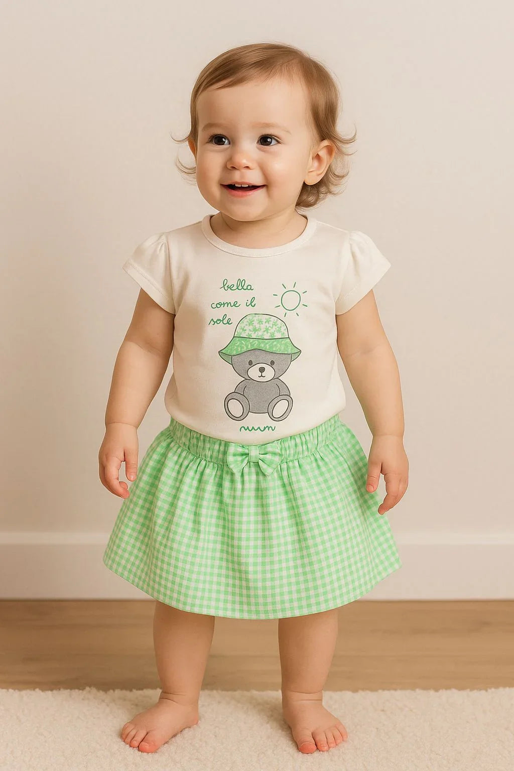 Cute Teddy Print T-Shirt & Green Gingham Skirt Set for Baby Girls - My Little Co.