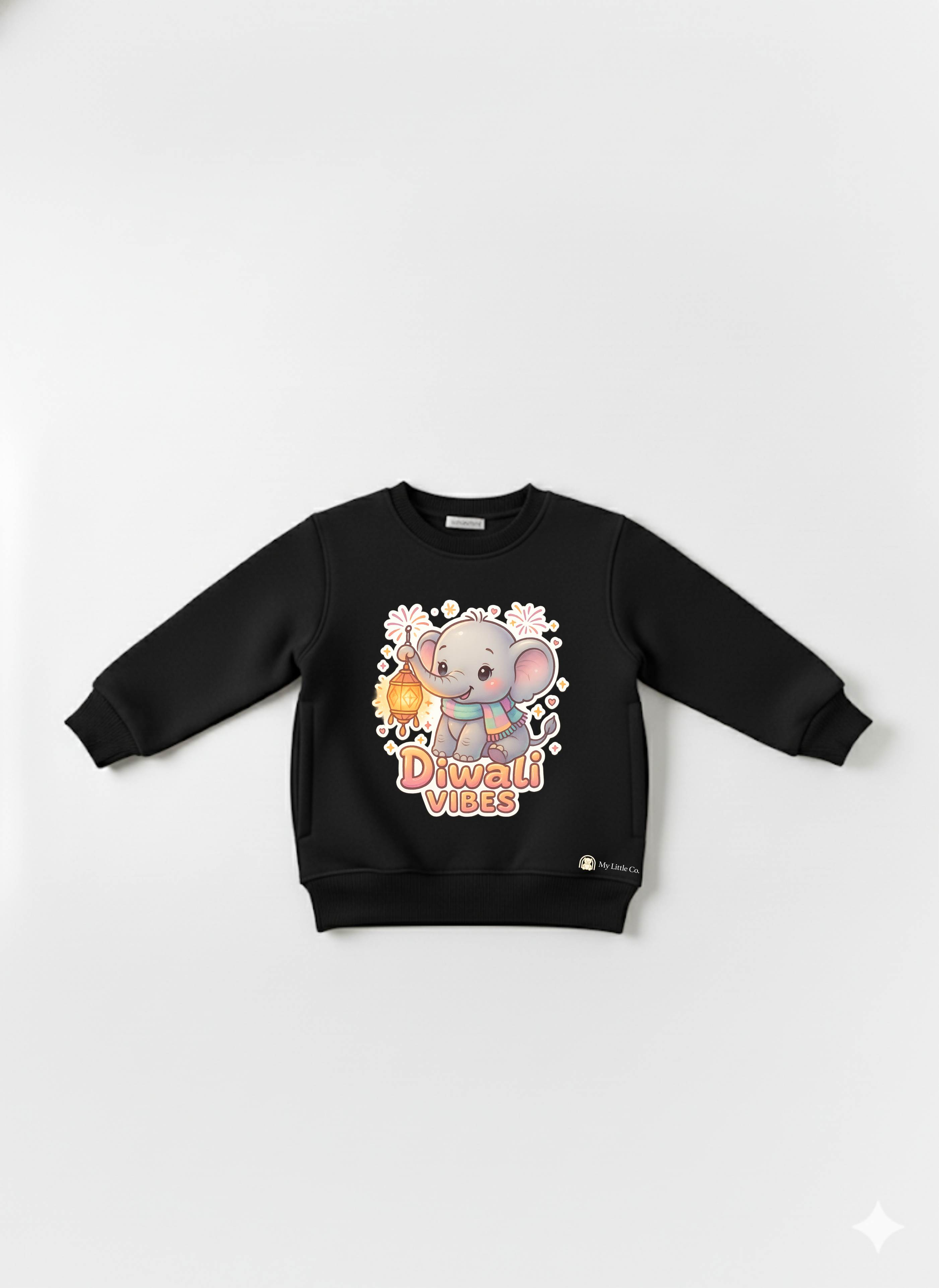 Adorable elephant with lantern print on soft black crew neck.