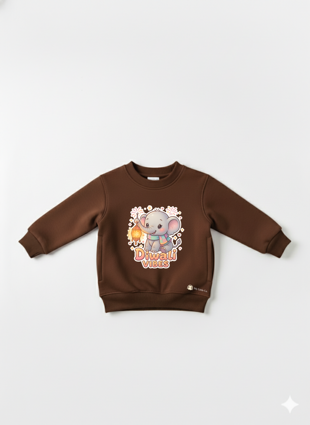 Adorable elephant with lantern print on soft coffee brown crew neck.