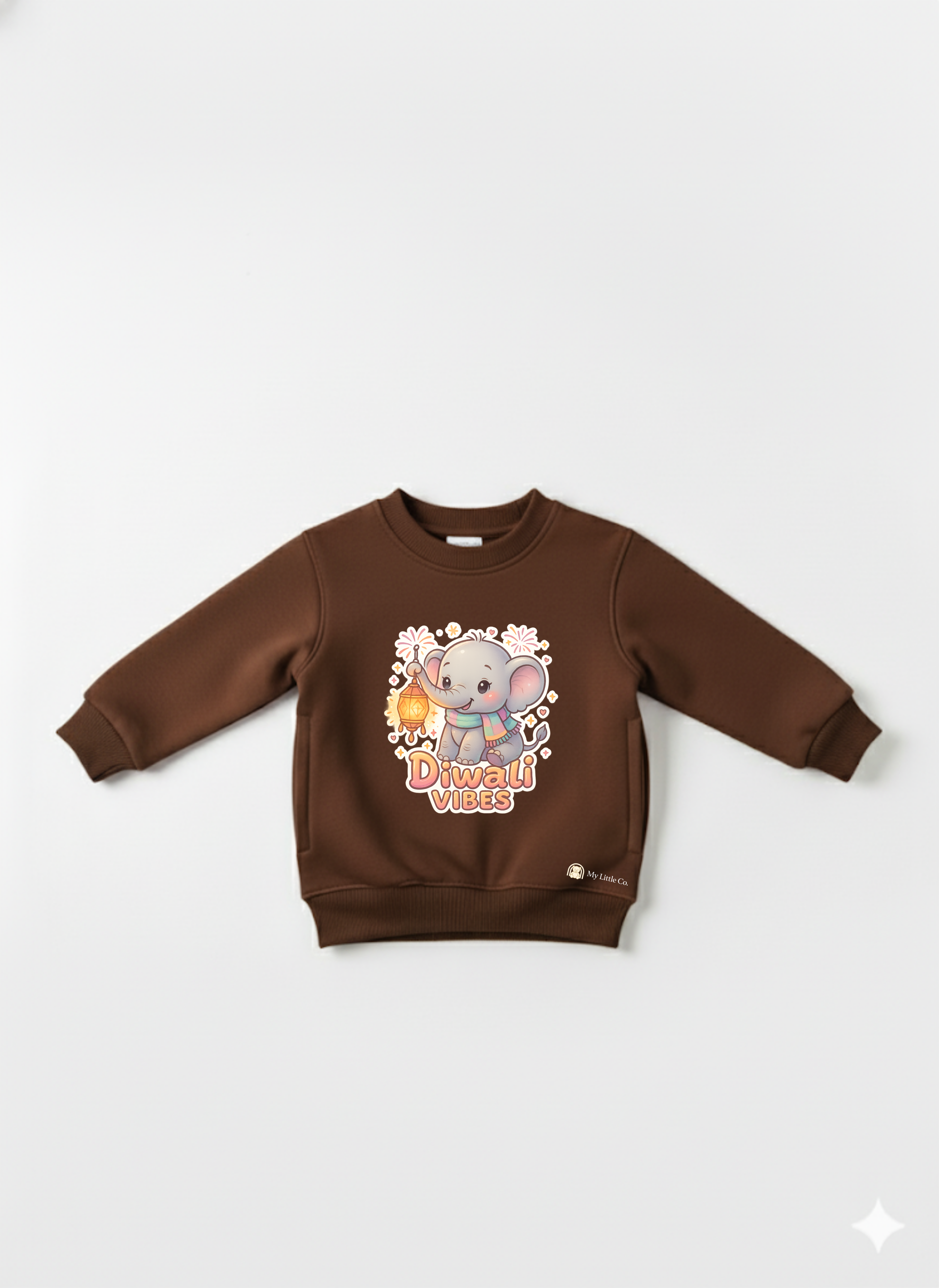 Adorable elephant with lantern print on soft coffee brown crew neck.