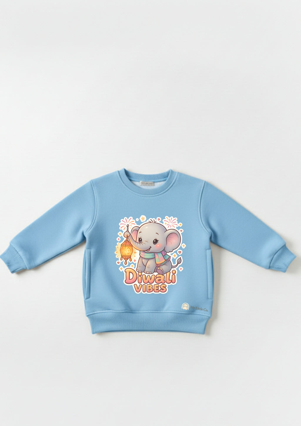 Adorable elephant with lantern print on soft sky blue crew neck.