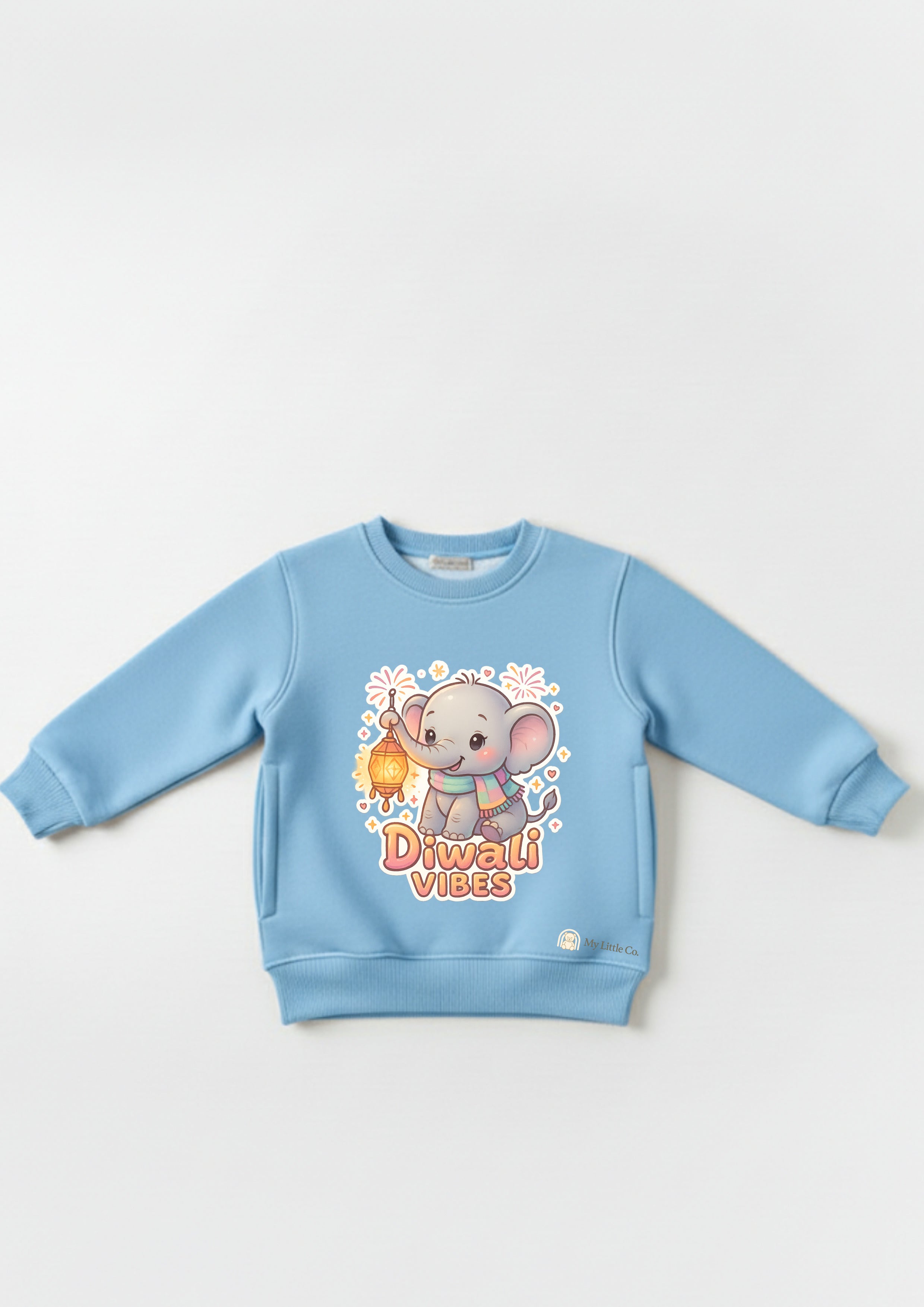 Adorable elephant with lantern print on soft sky blue crew neck.