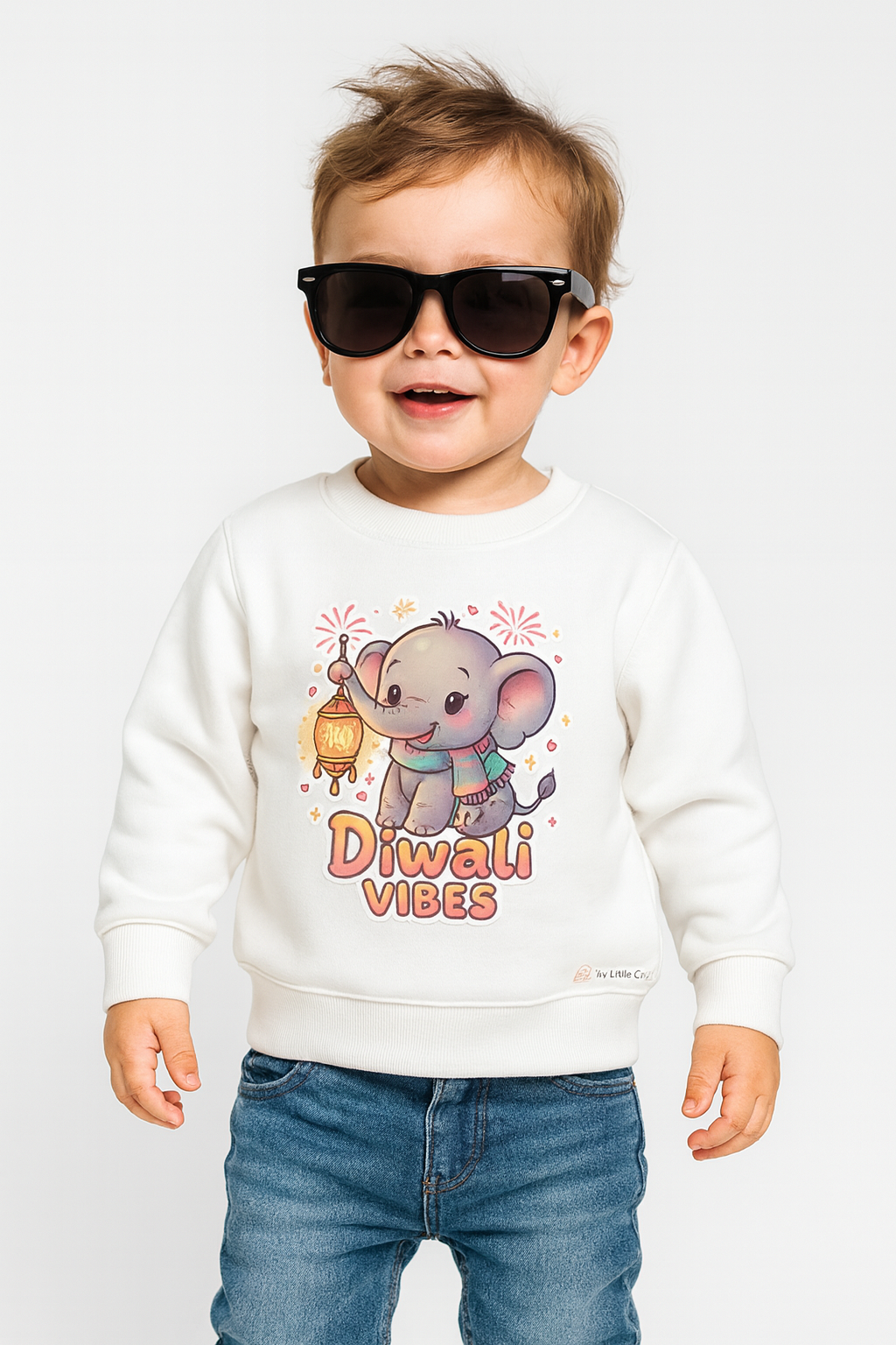 Adorable elephant with lantern print on soft white crew nec