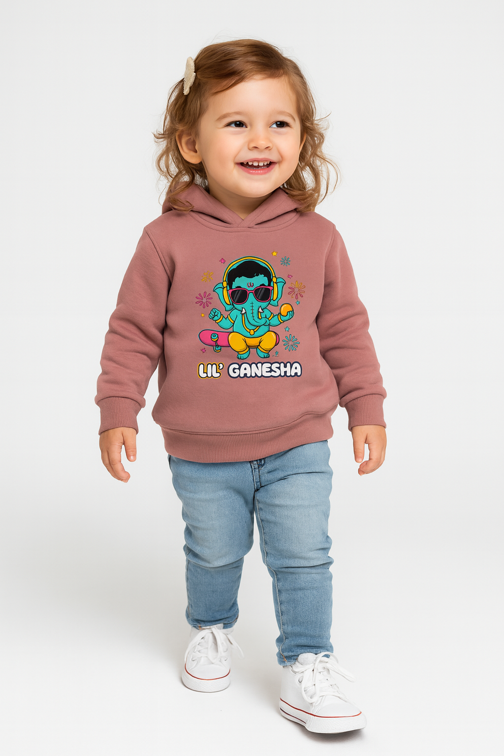 Apricot Peach Li'l Ganesha Skateboard print hoodie 100% cotton fleece for toddler ethnic wear.