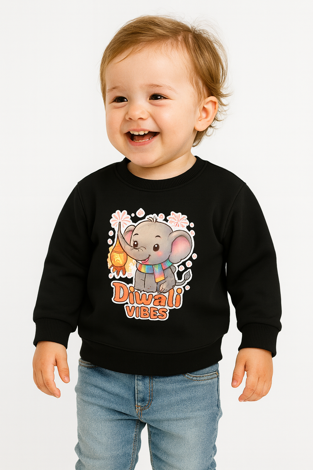Black Elephant Diwali Vibes sweater for childhood memories.