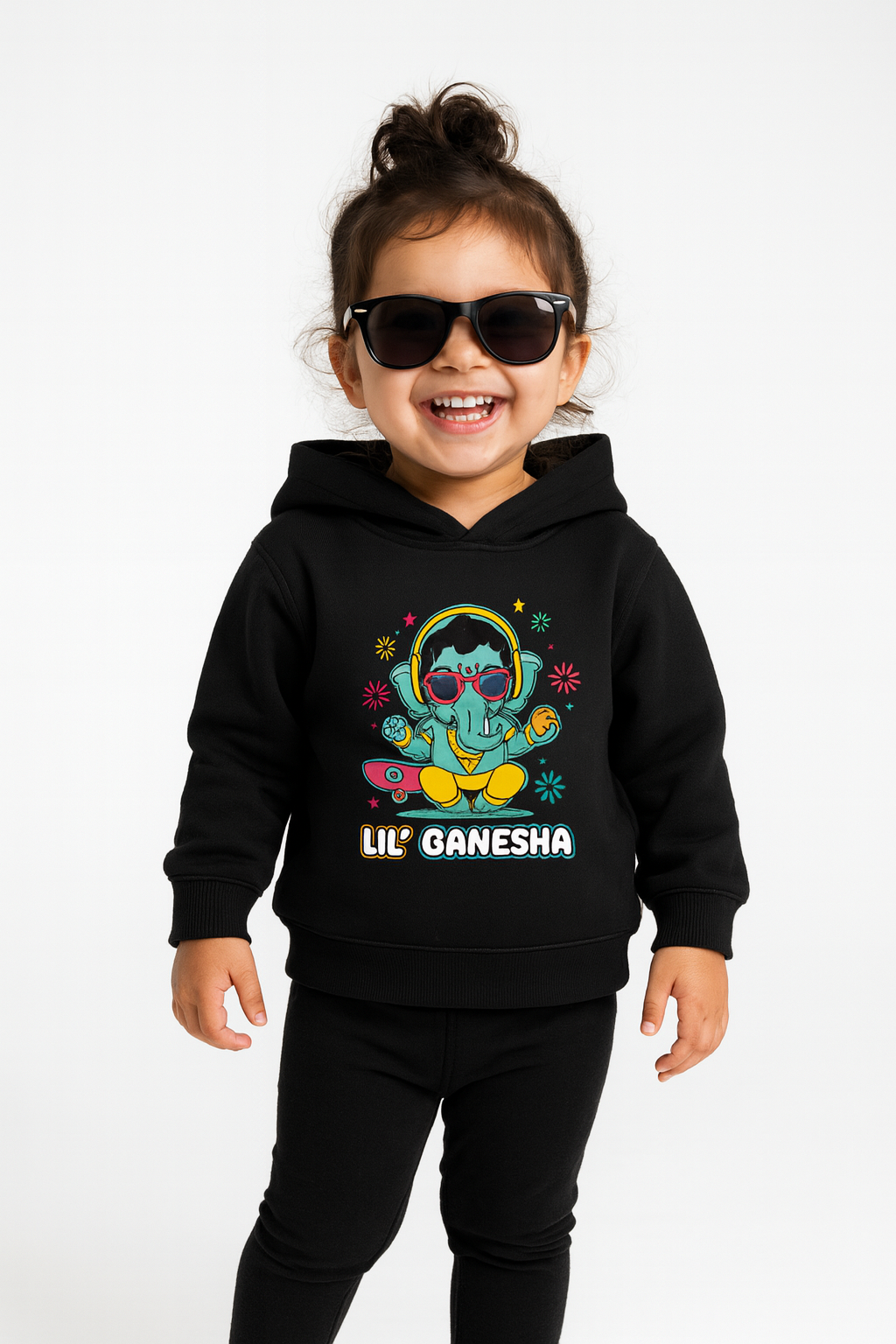 Black Li'l Ganesha Skateboard print hoodie 100% cotton fleece for toddler ethnic wear.