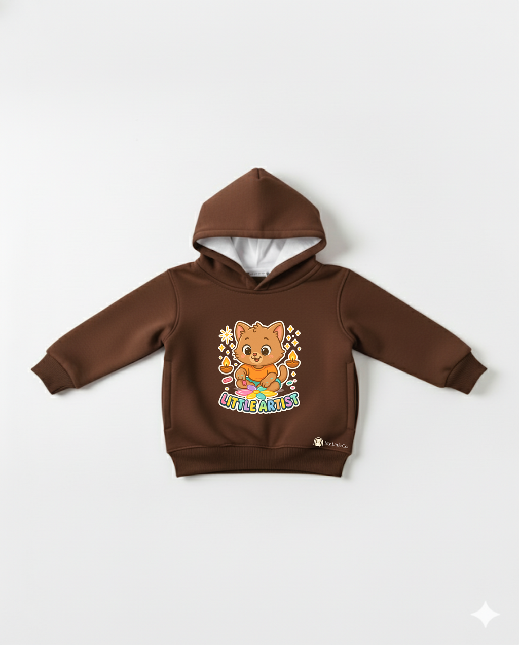 Brown hoodie with a cartoon character and text on a white background