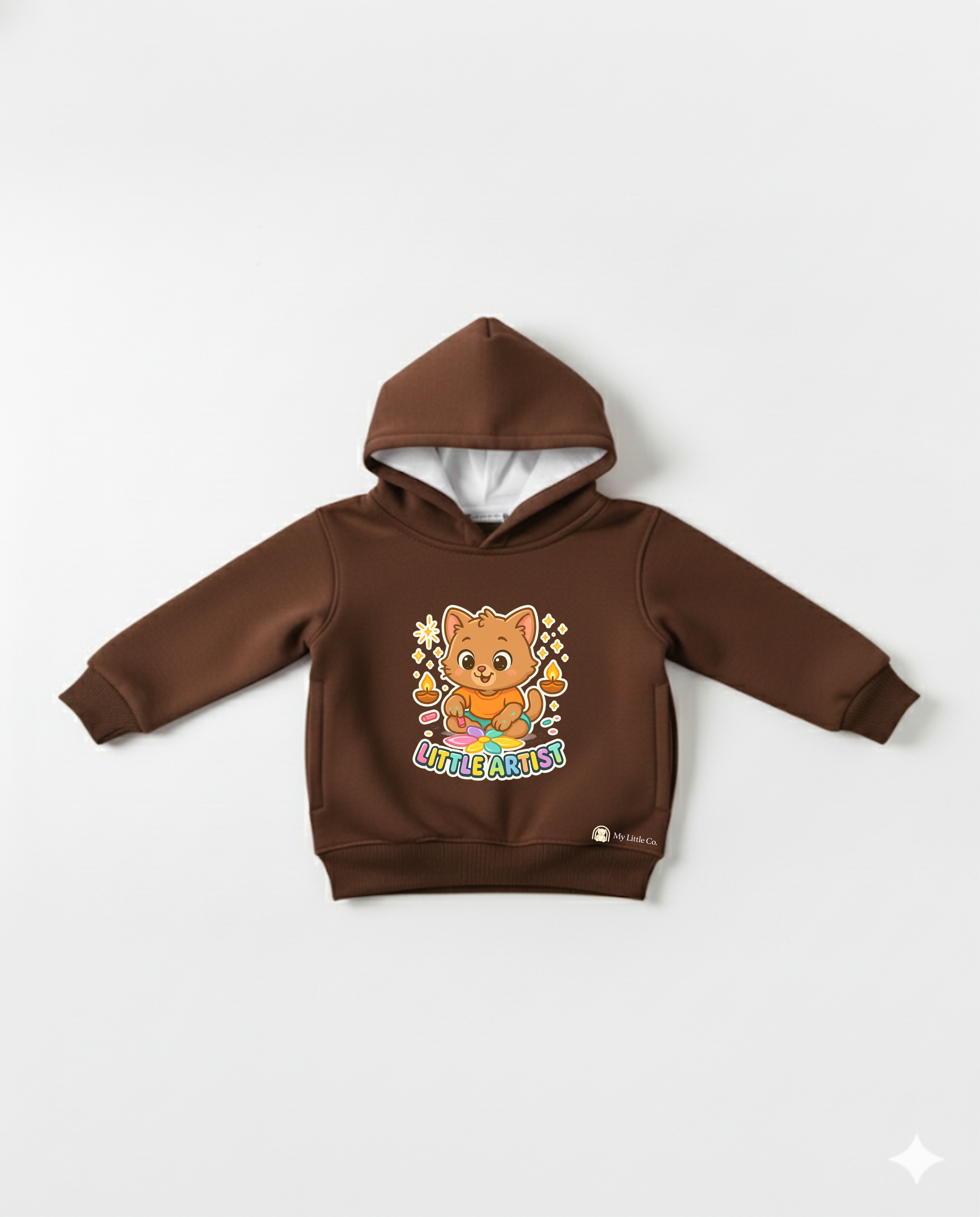 Brown hoodie with a cartoon character and text on a white background
