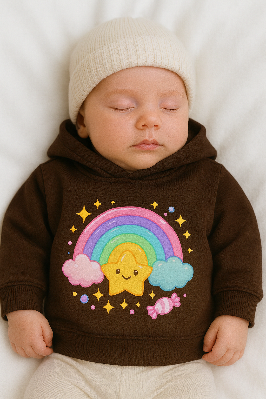 Newborn baby wearing a brown hoodie with a colorful rainbow and cloud design on a white background