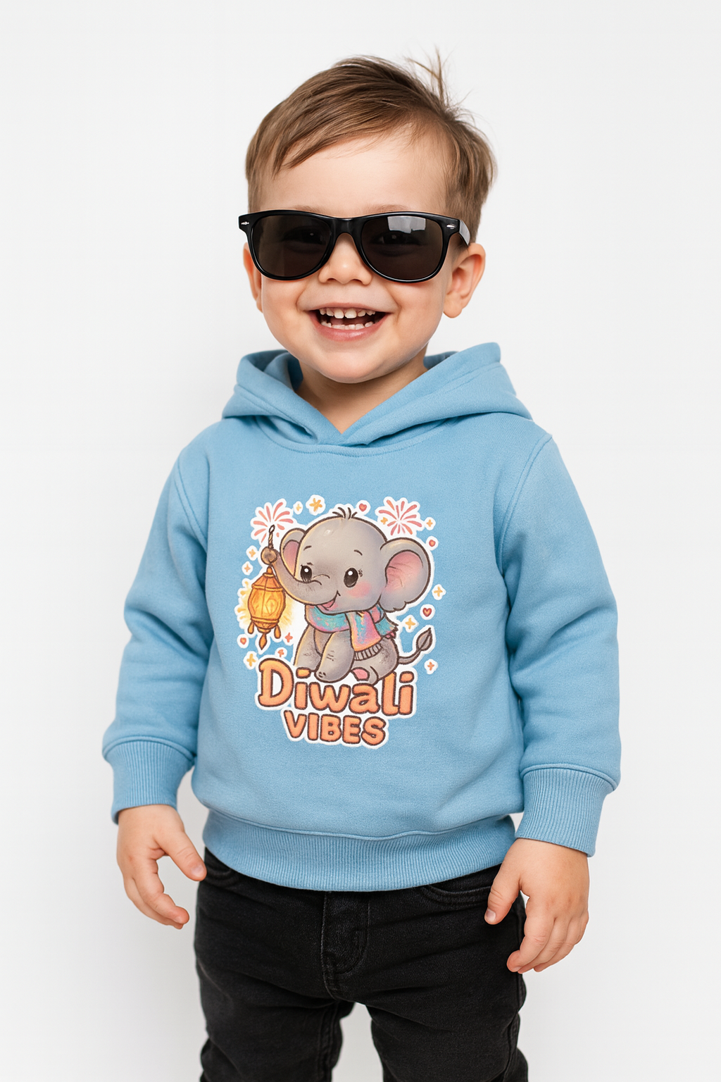 Unique Joy! Sky Blue Elephant Diwali Vibes Hoodie - My little co (0-6 Yrs) My Little Co.