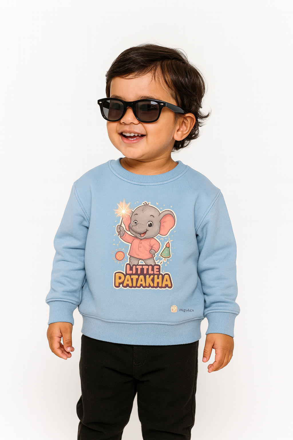 Child as Little Patakha in Sky Blue elephant sweater for Diwali.