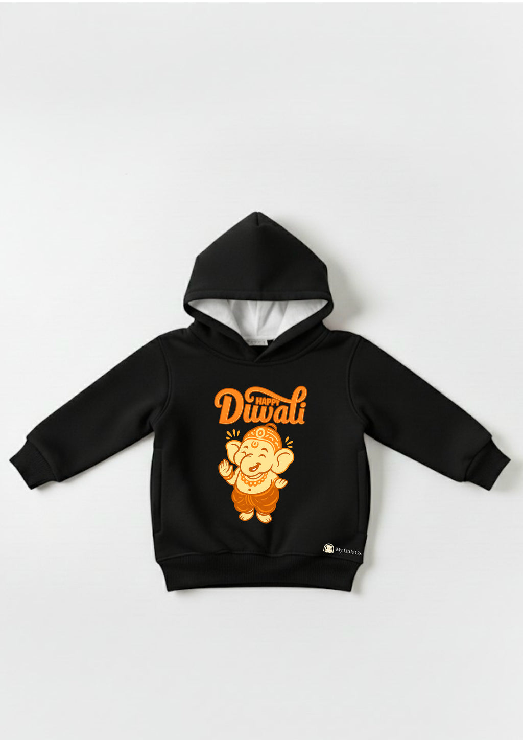 Close-up of cute Ganesh Ji DTF sticker print. Festive religious design on soft black cotton fleece.