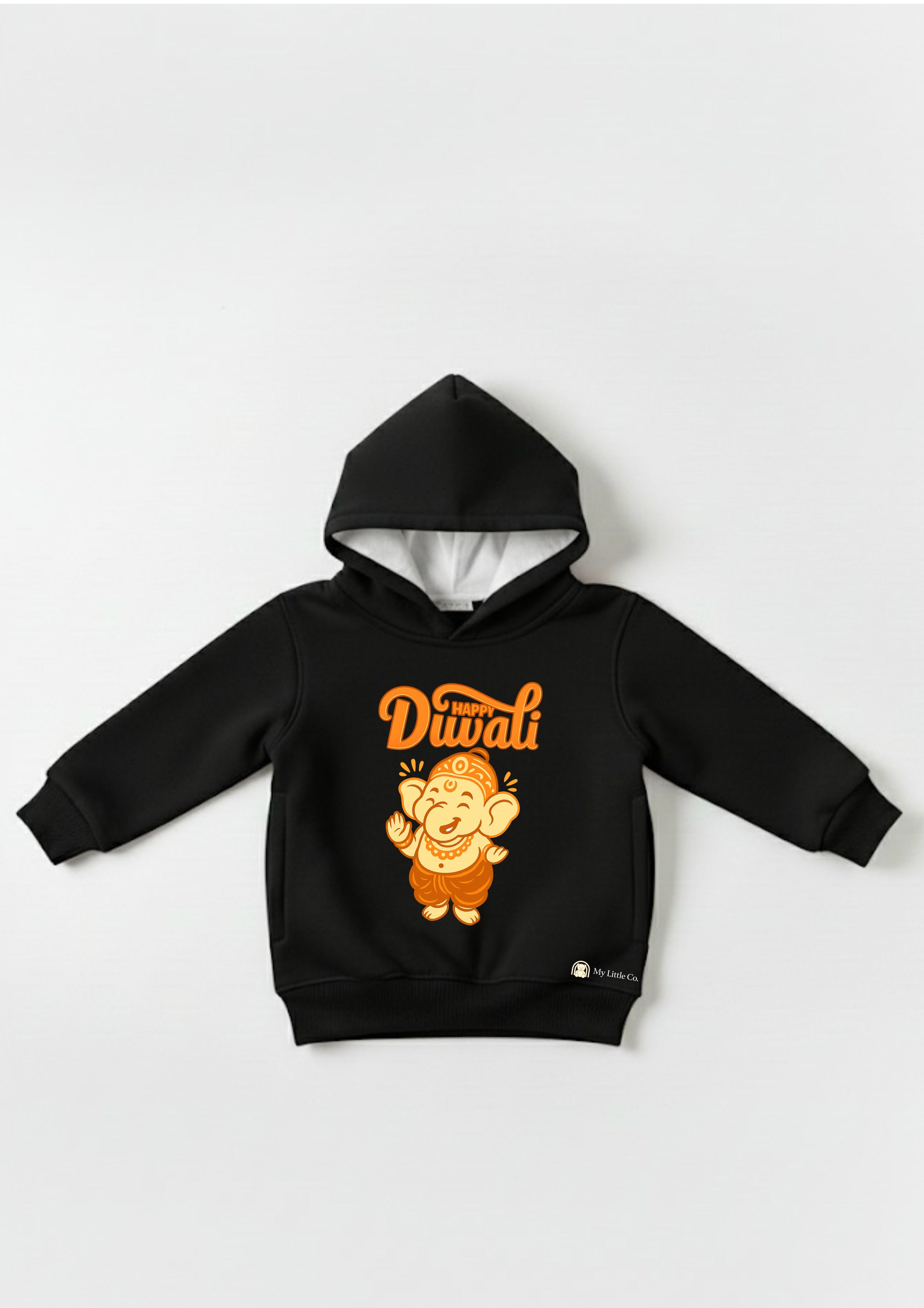 Close-up of cute Ganesh Ji DTF sticker print. Festive religious design on soft black cotton fleece.