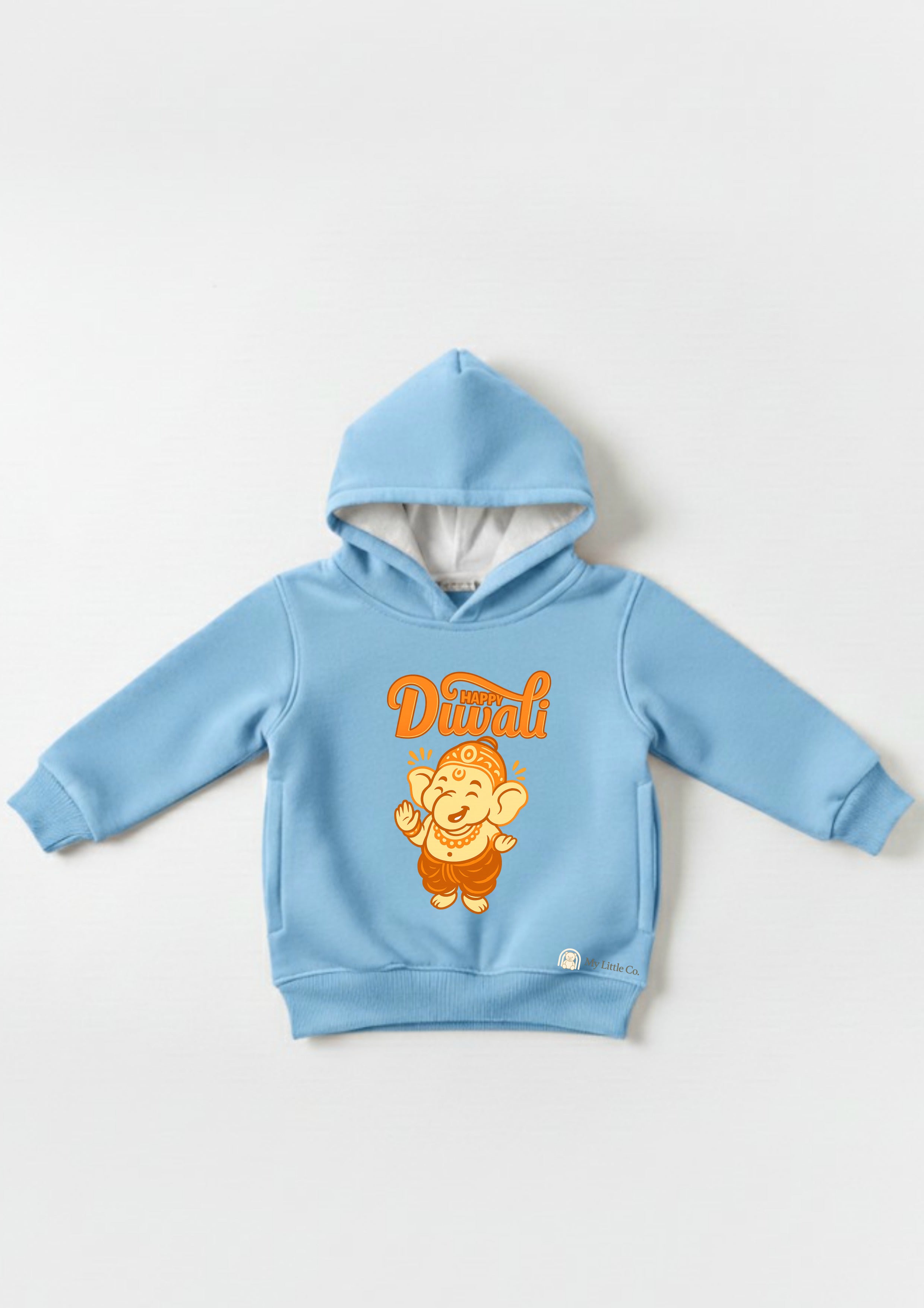 Close-up of vibrant Ganesha DTF print on the cheerful sky blue cotton fleece