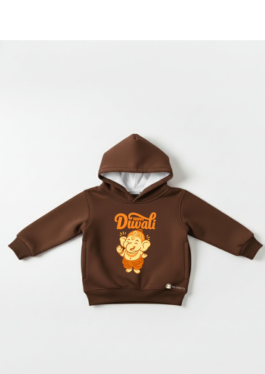 Close-up of vibrant Ganesha DTF print on the rich coffee cotton fleece