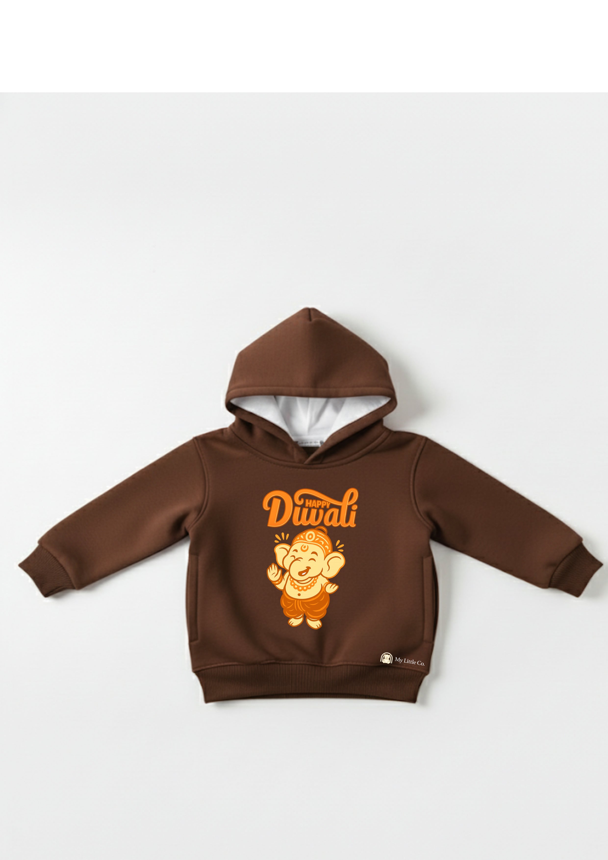 Close-up of vibrant Ganesha DTF print on the rich coffee cotton fleece