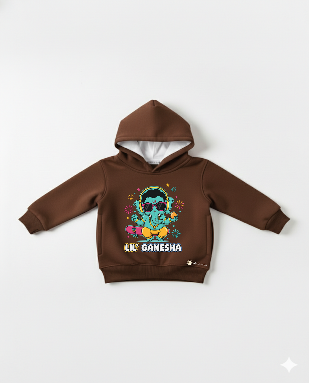 Close-up of vibrant cool Ganesha DTF graphic with headphones on coffee brown fabric.