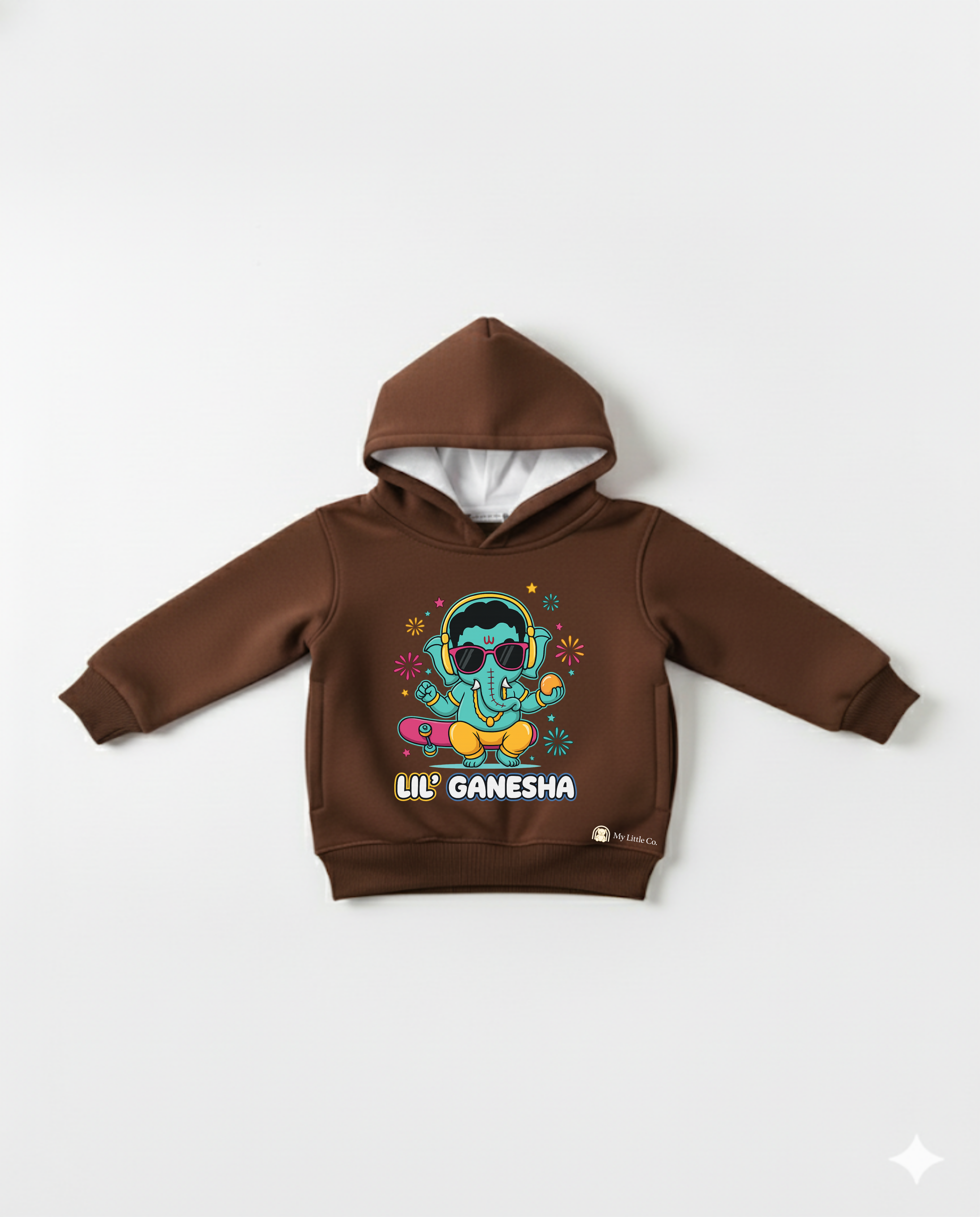 Close-up of vibrant cool Ganesha DTF graphic with headphones on coffee brown fabric.