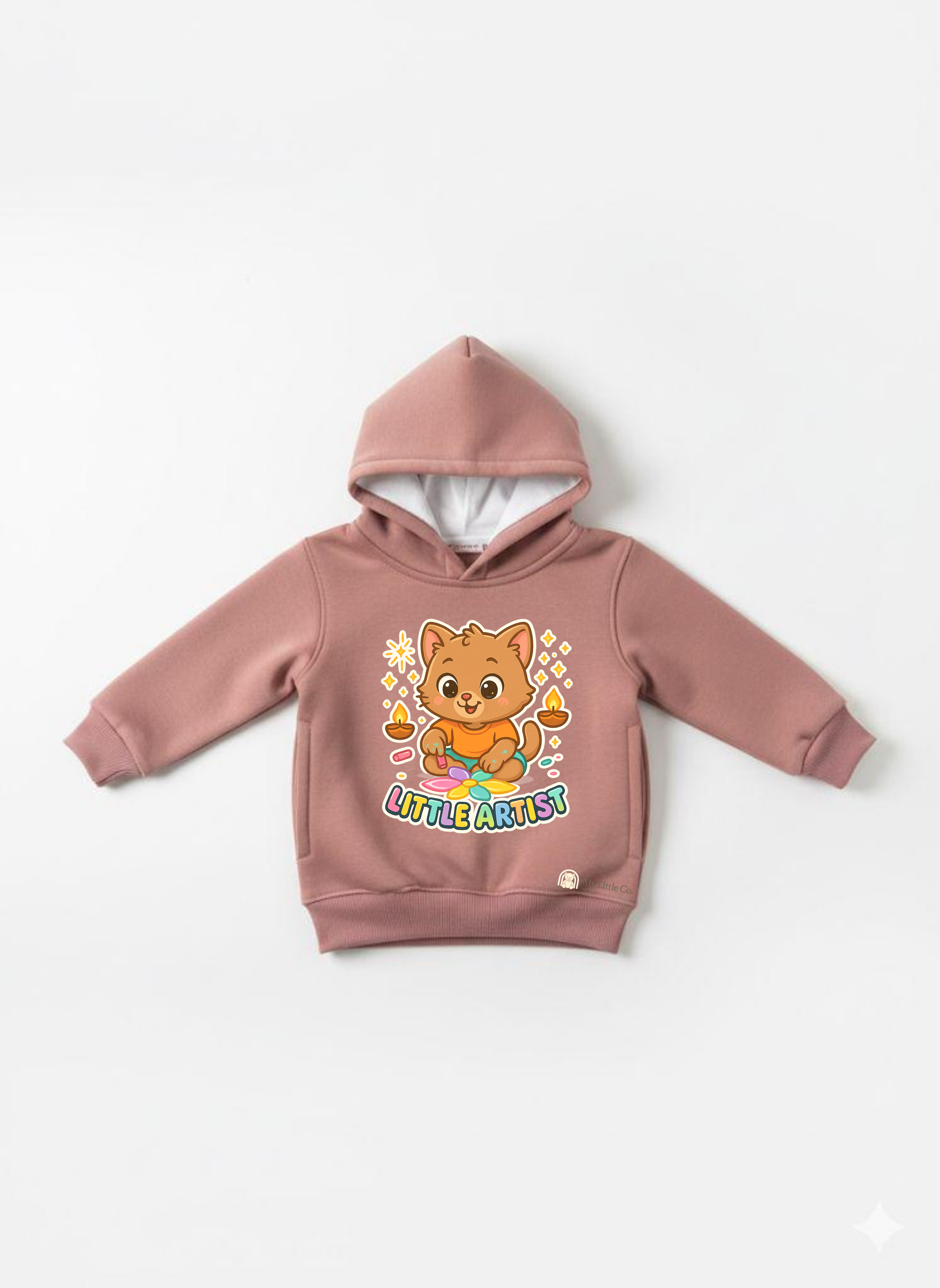 Close-up of vibrant rangoli print on soft Peach fleece. High-end kids apparel.