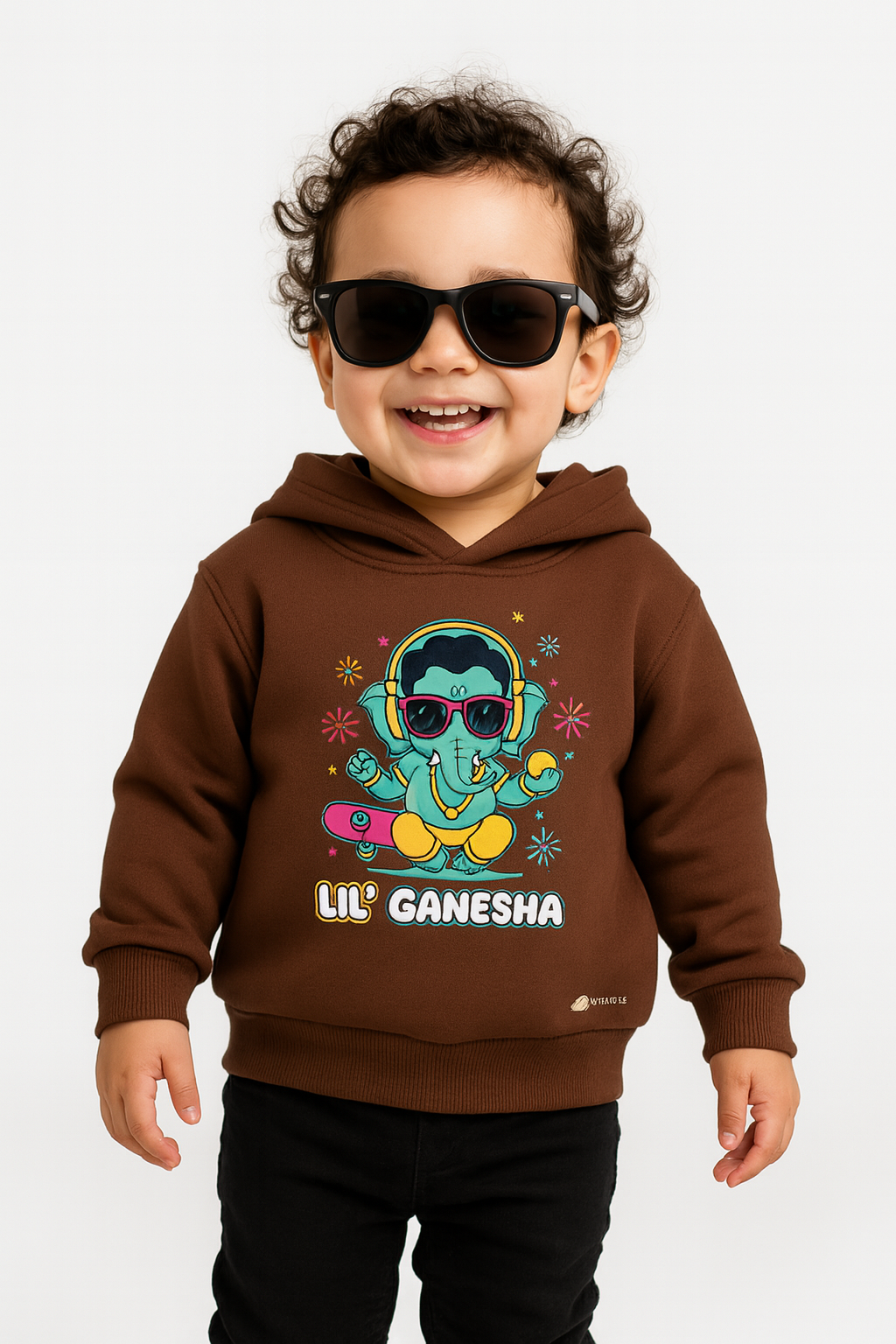Coffee Brown Li'l Ganesha Skateboard print hoodie 100% cotton fleece for toddler ethnic wear.