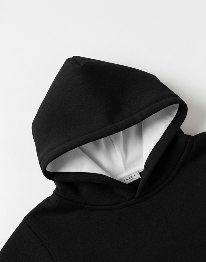 Black hoodie with a white lining on a light gray background