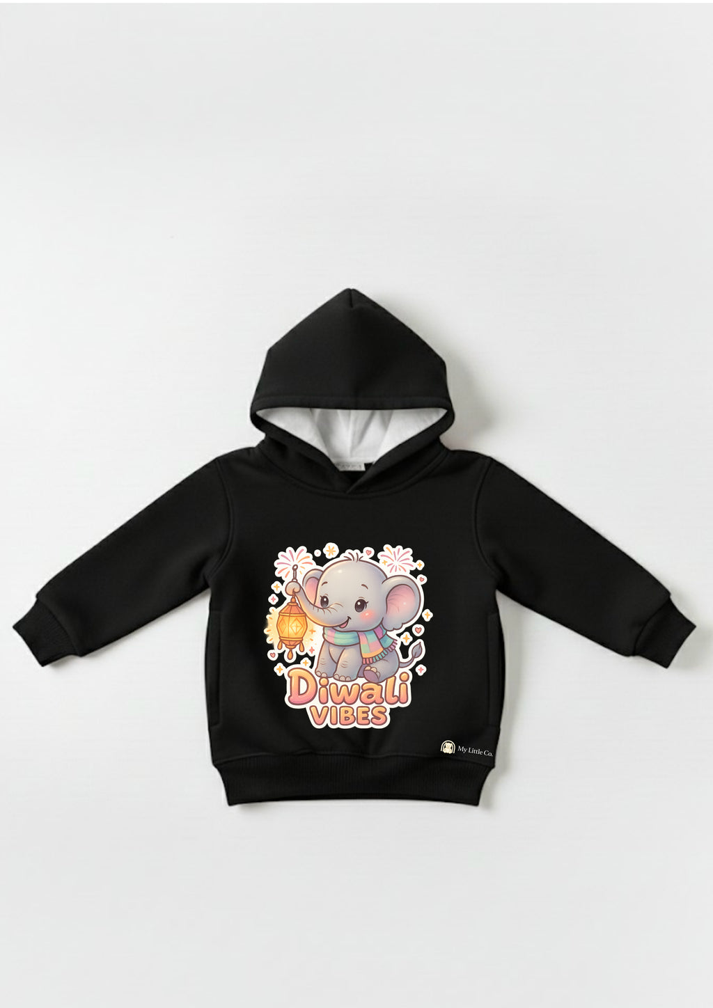 Cute cartoon elephant DTF print with lantern on black cotton fleece. Festive kidswear.