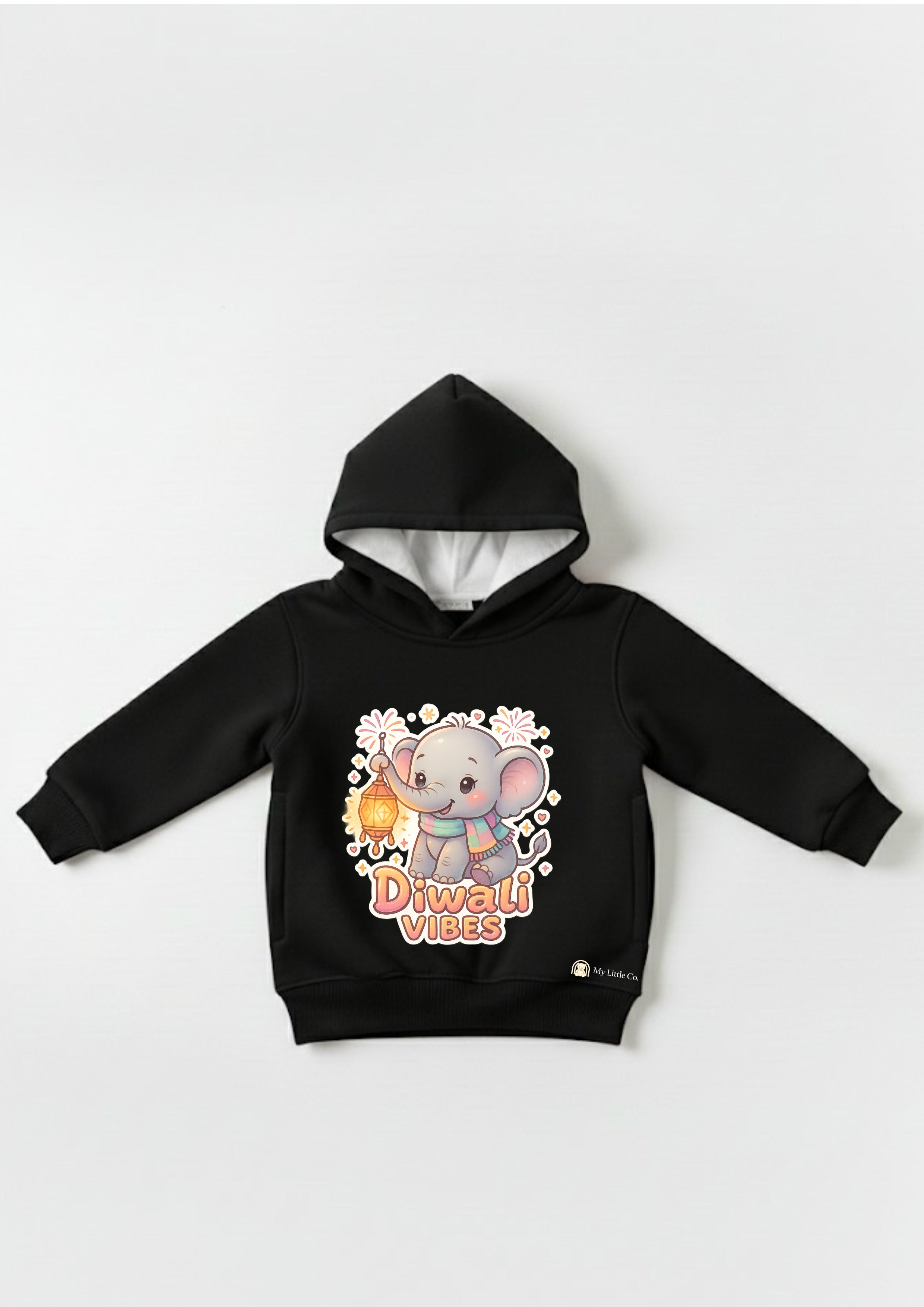 Cute cartoon elephant DTF print with lantern on black cotton fleece. Festive kidswear.