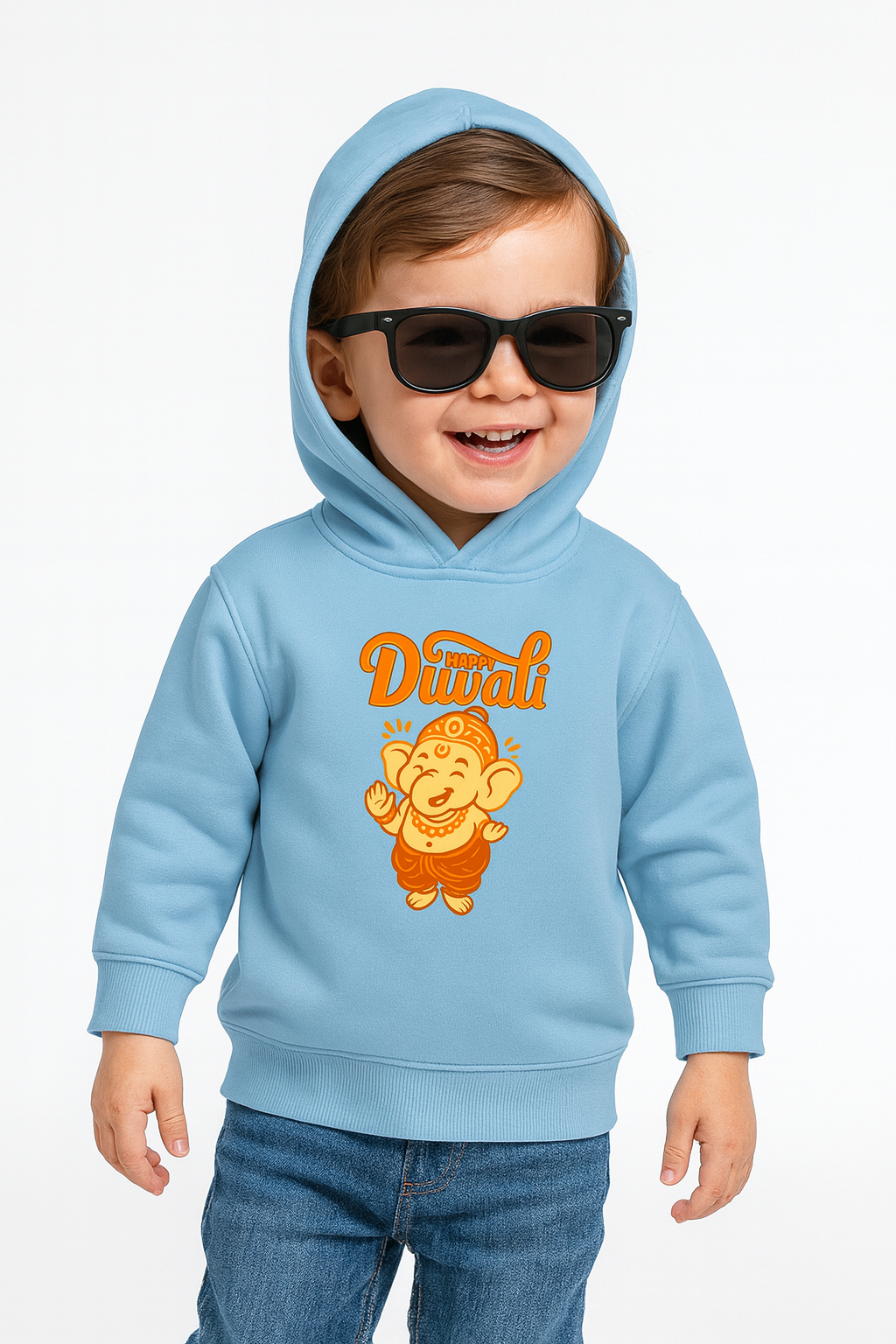 Cute toddler boy in sky blue "My First Diwali" Ganesha print hoodie.