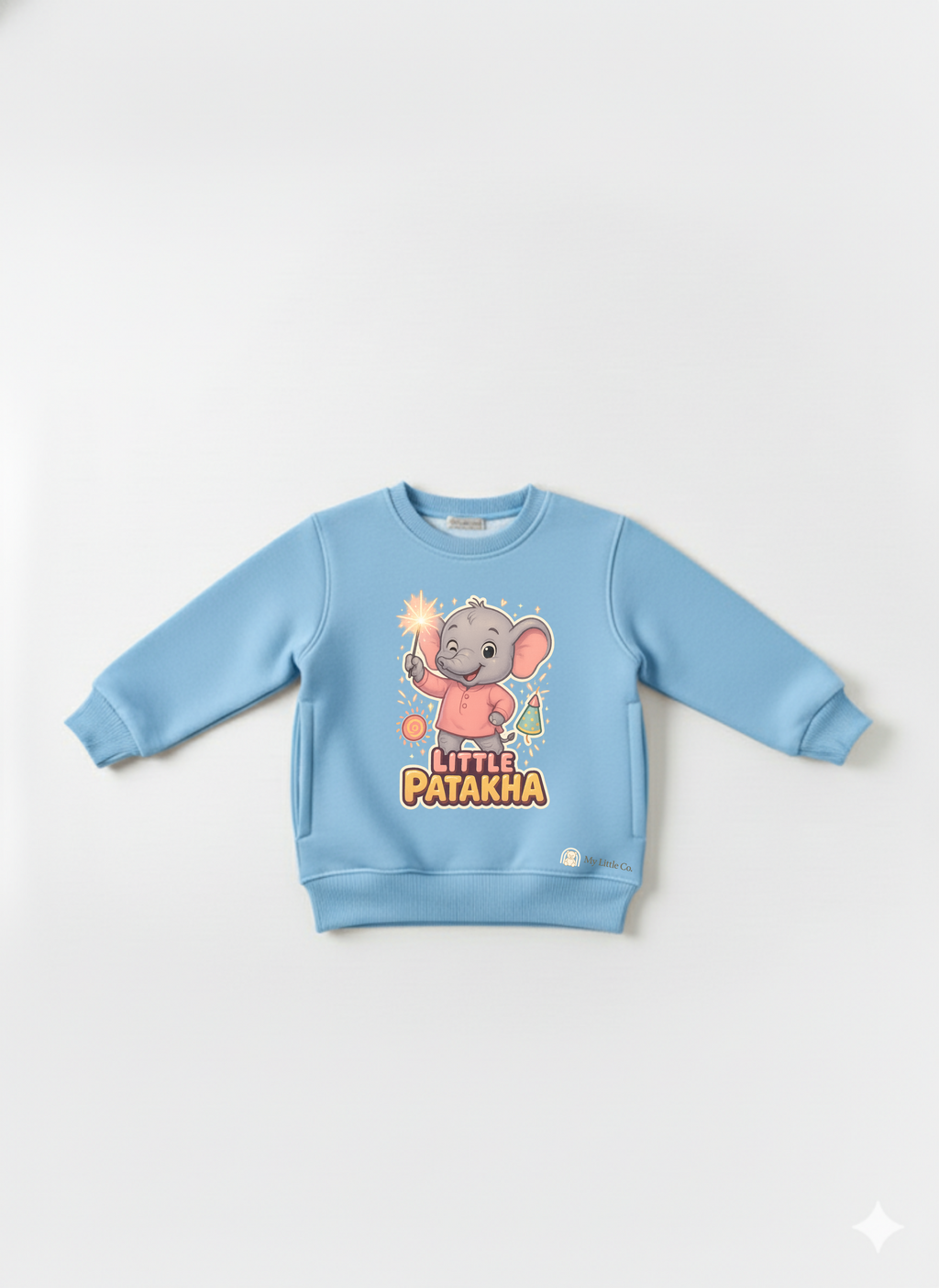 Energetic elephant with sparkler graphic on soft sky blue crew neck.