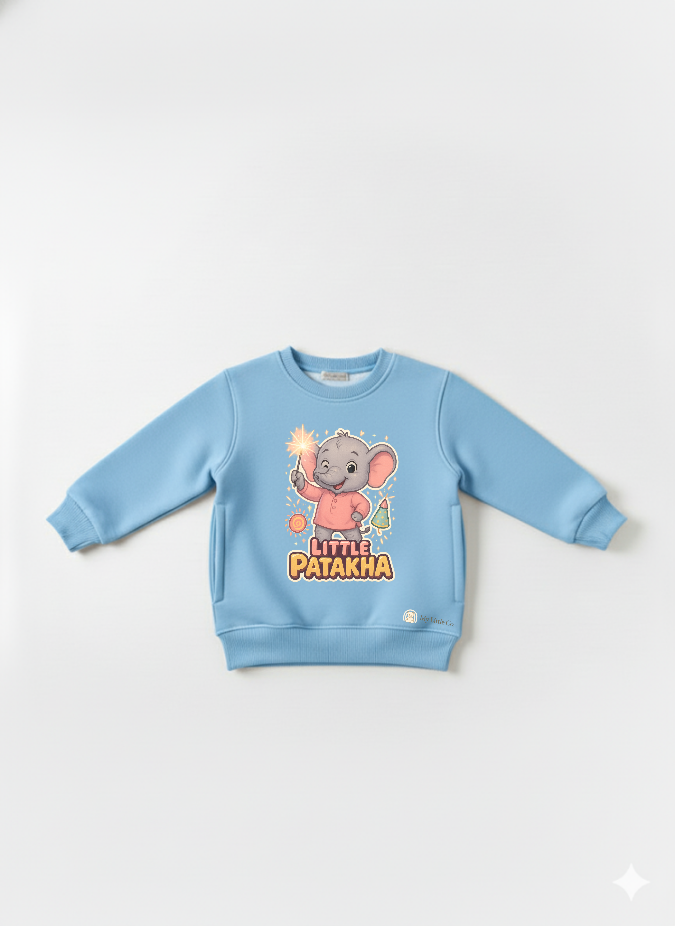 Energetic elephant with sparkler graphic on soft sky blue crew neck.