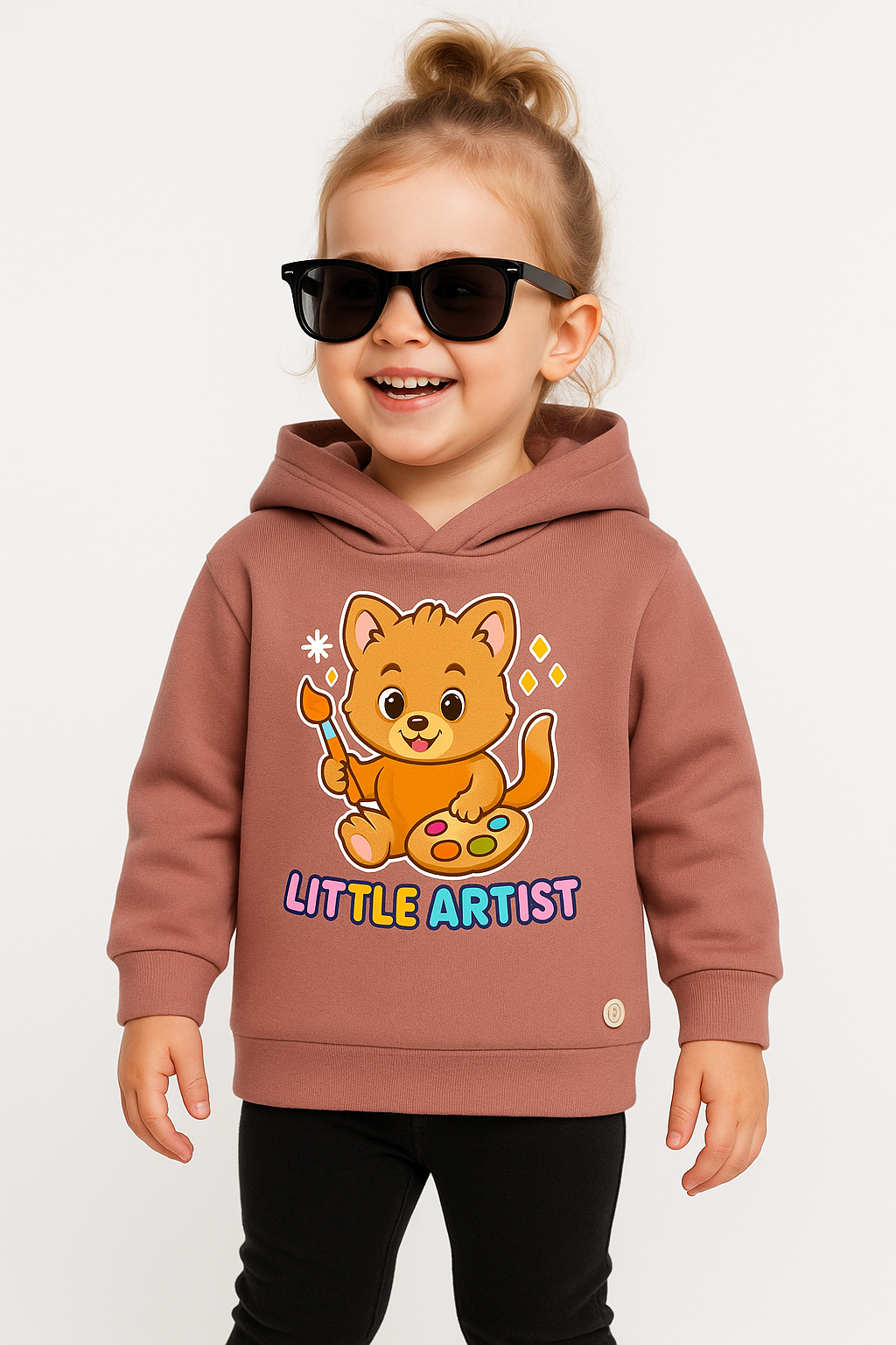 Fashion-forward toddler wearing Peach Little Artist kitten hoodie (0−6 yrs).